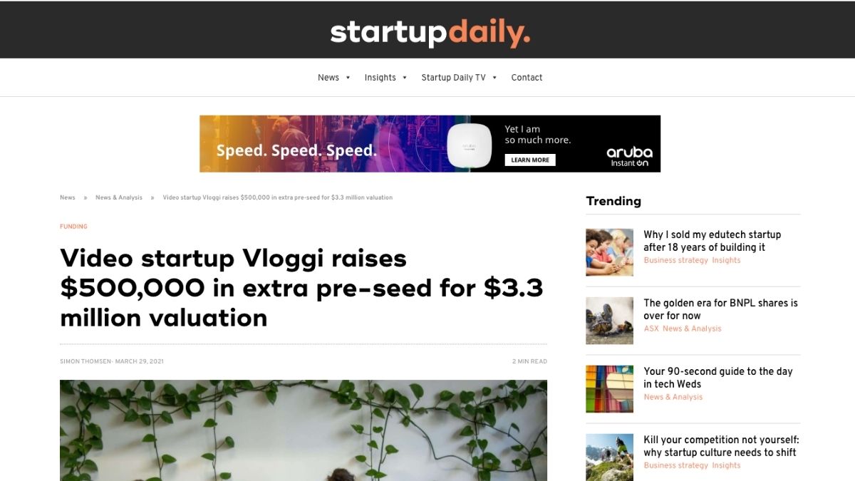 Vloggi article on pre-seed raise in Startup daily