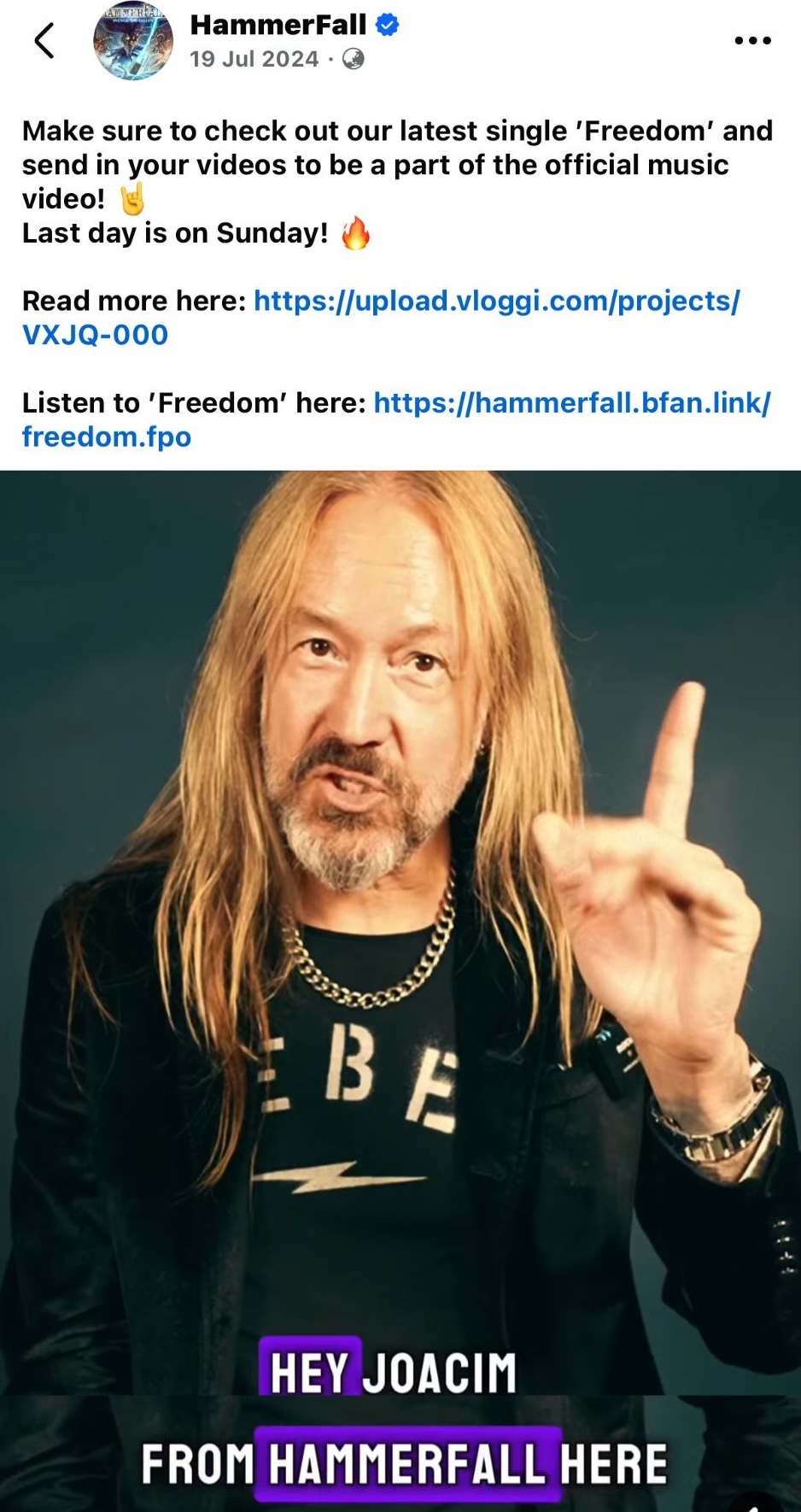 Hammerfall Facebook call out