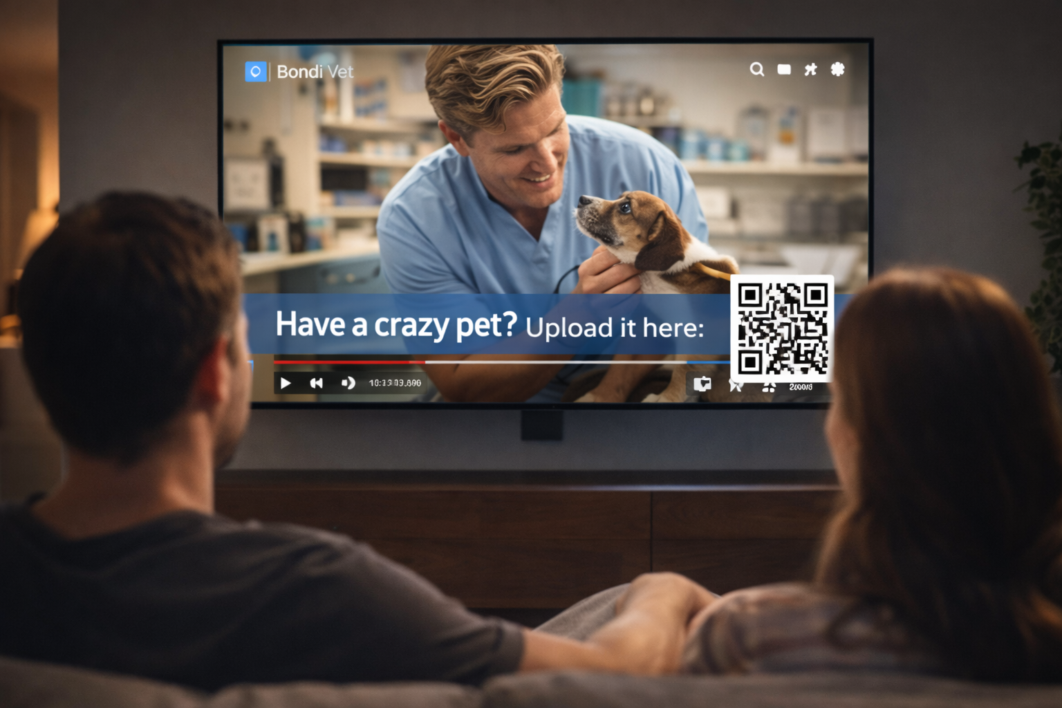 What’s Up With My Dog concept: on-screen QR call-out inviting viewers to submit pet footage