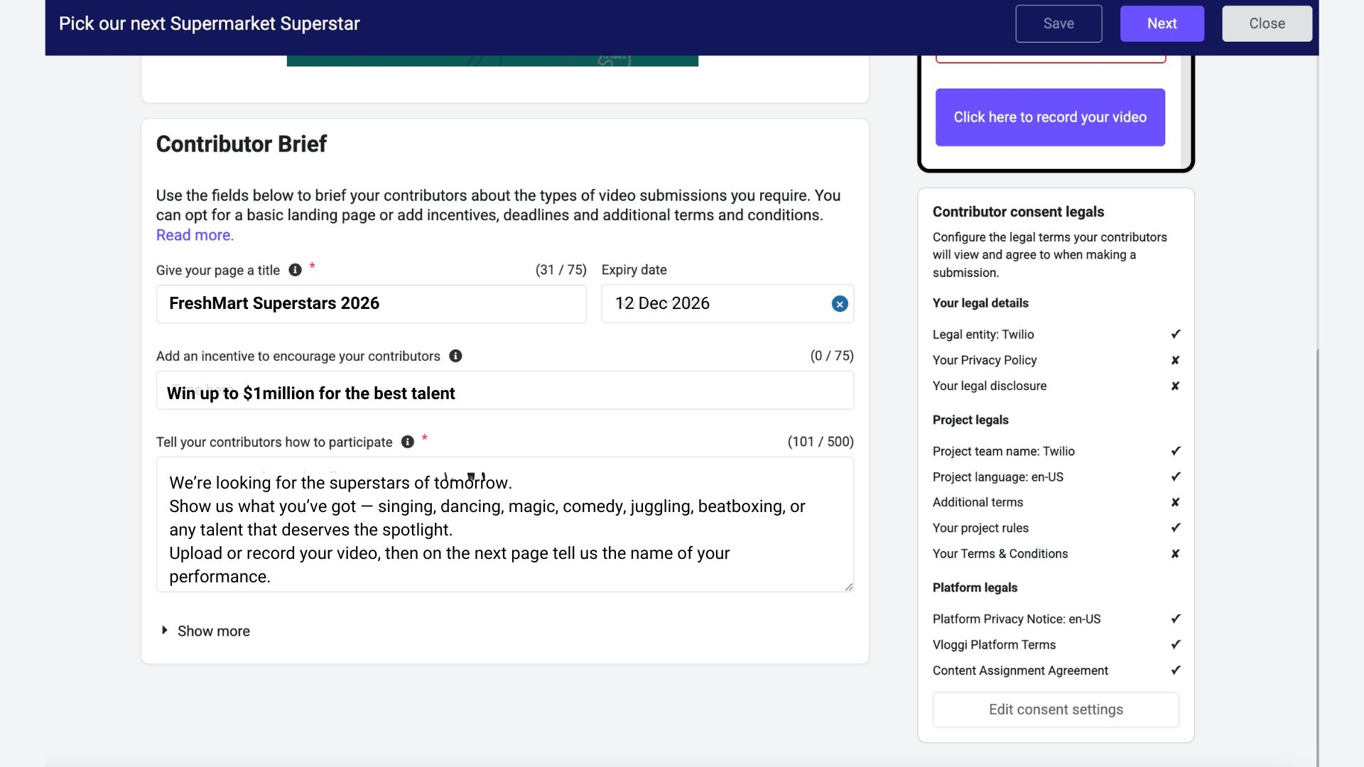 Set contributor consent in Vloggi