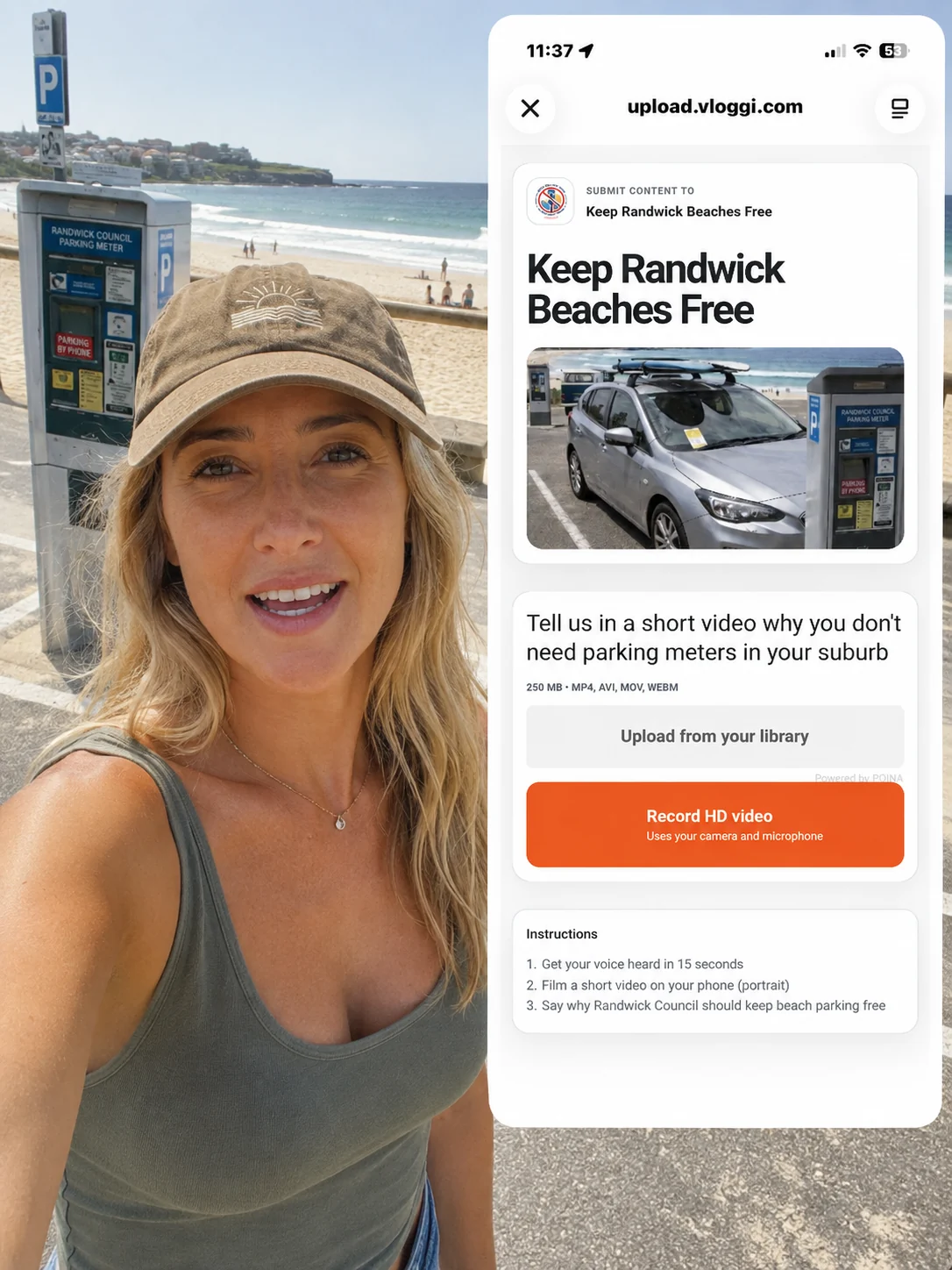 Keep Randwick Beaches Free campaign using a Vloggi form to collect residents’ video petitions