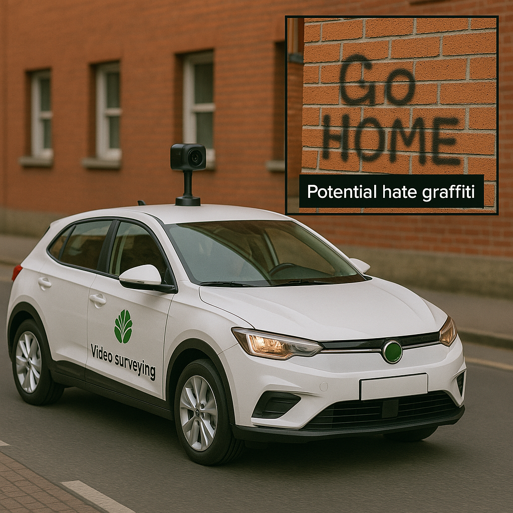 Concept of a camera-equipped council vehicle flagging graffiti for staff review