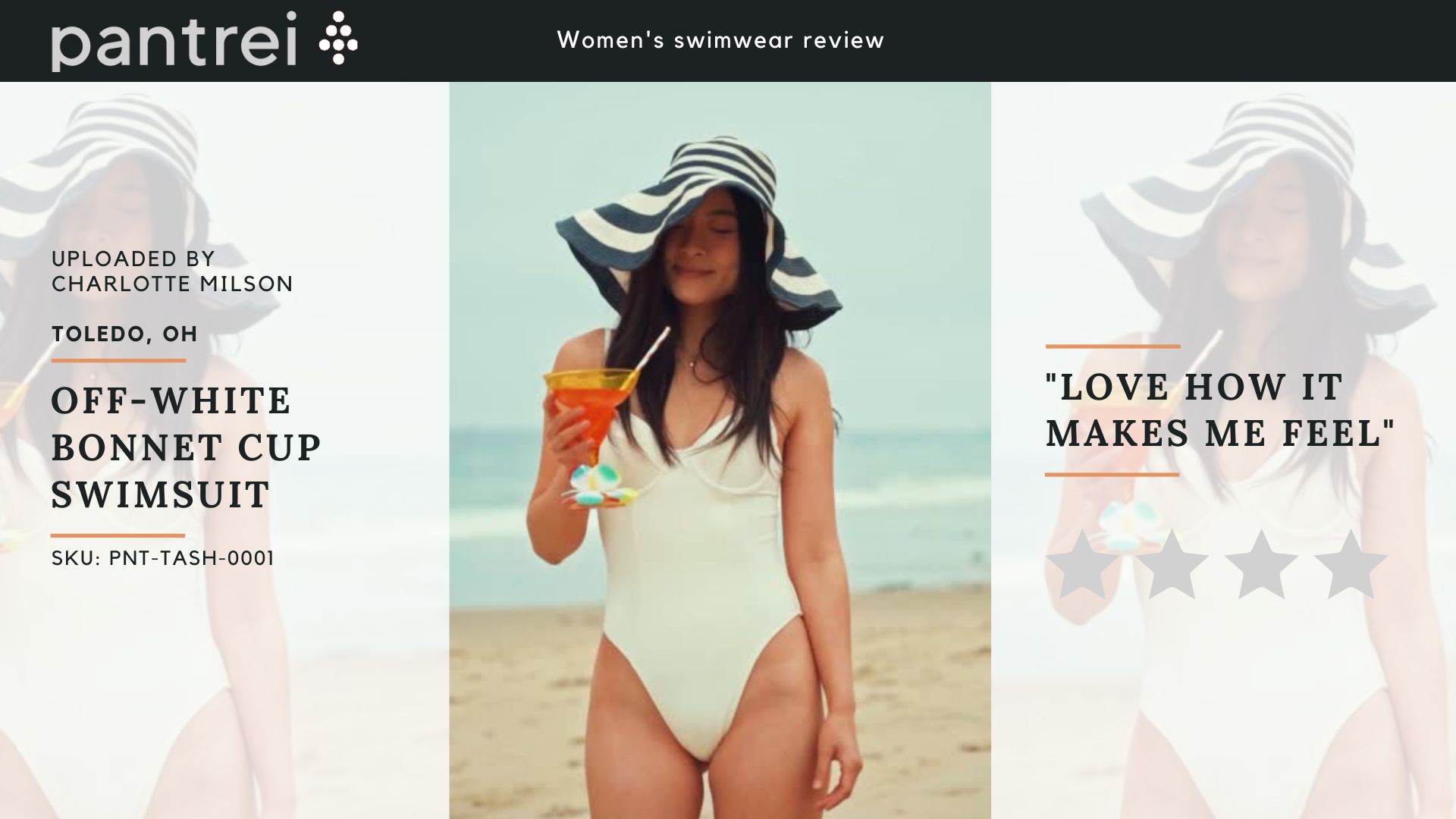 Pantrei branded swimwear video-review mockup showing a customer clip and product details
