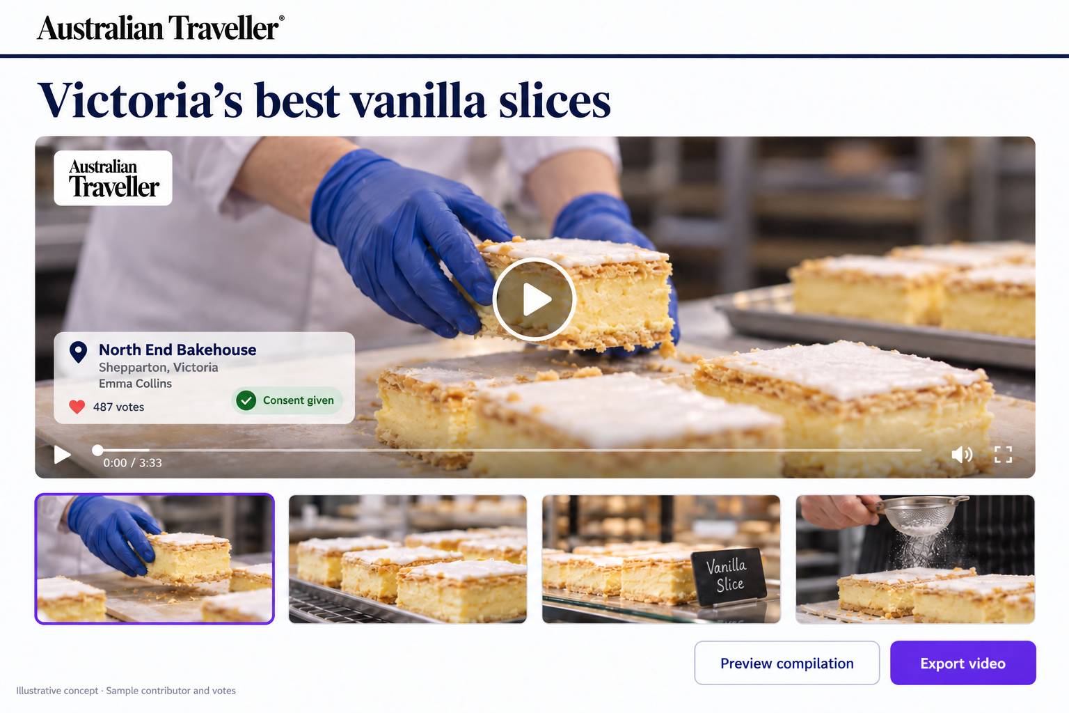 Vloggi compilation concept for Australian Traveller: North End Bakehouse in Shepparton, with contributor credit, consent status and clip previews.