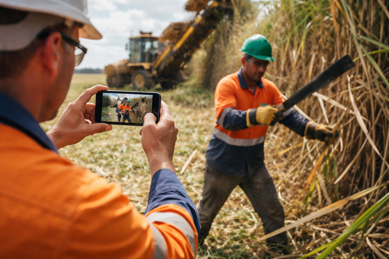 Worker filming an on-site sugar cane handling demonstration
