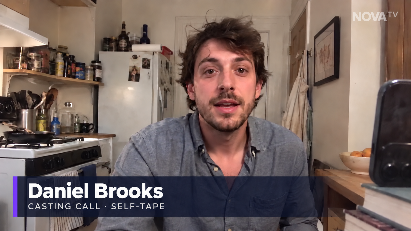 Daniel Brooks self-tape with casting-call lower third and NOVA TV watermark — illustrative broadcast graphic