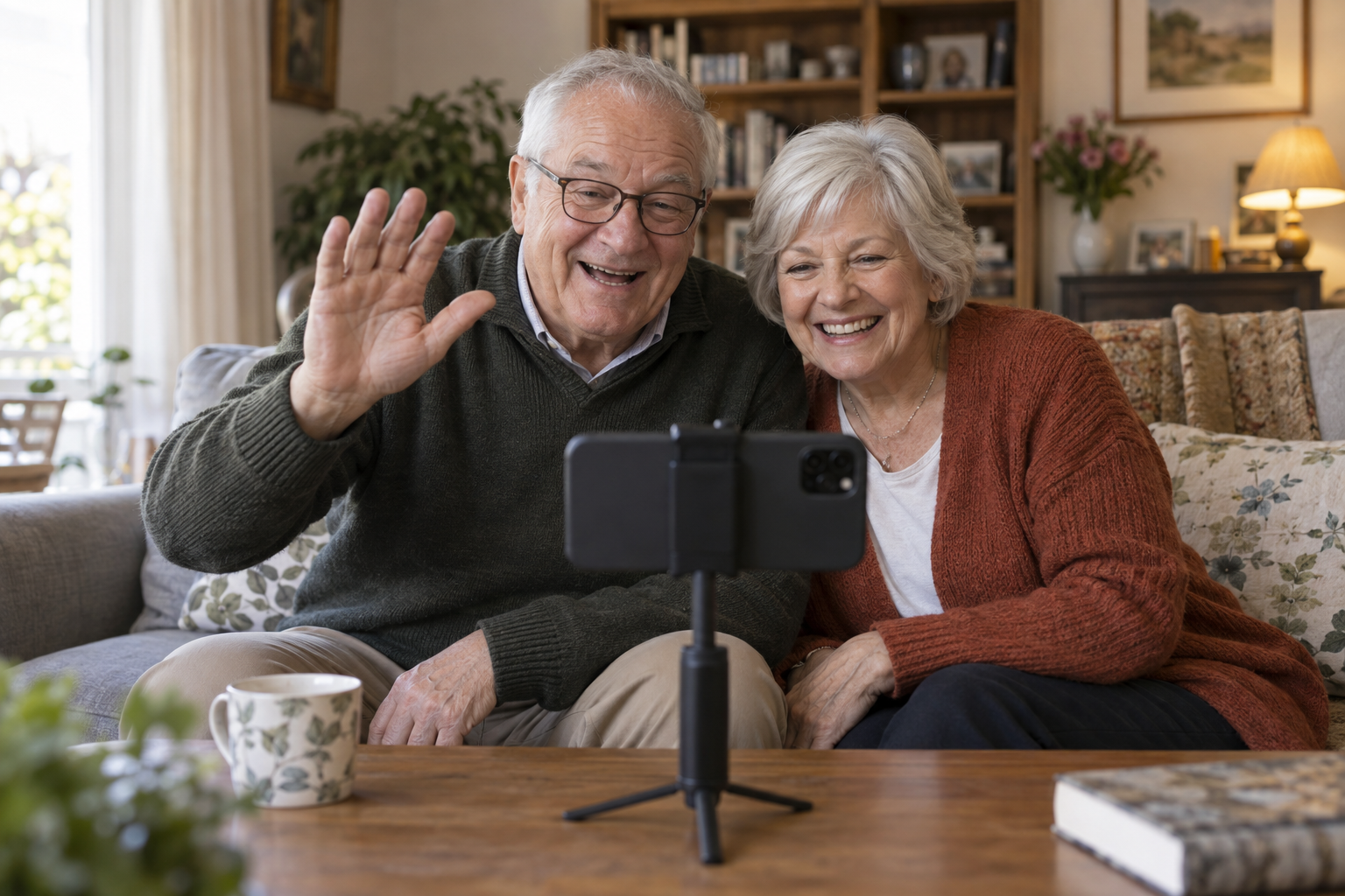 Relatives recording a birthday greeting from home — AI-generated illustrative photograph