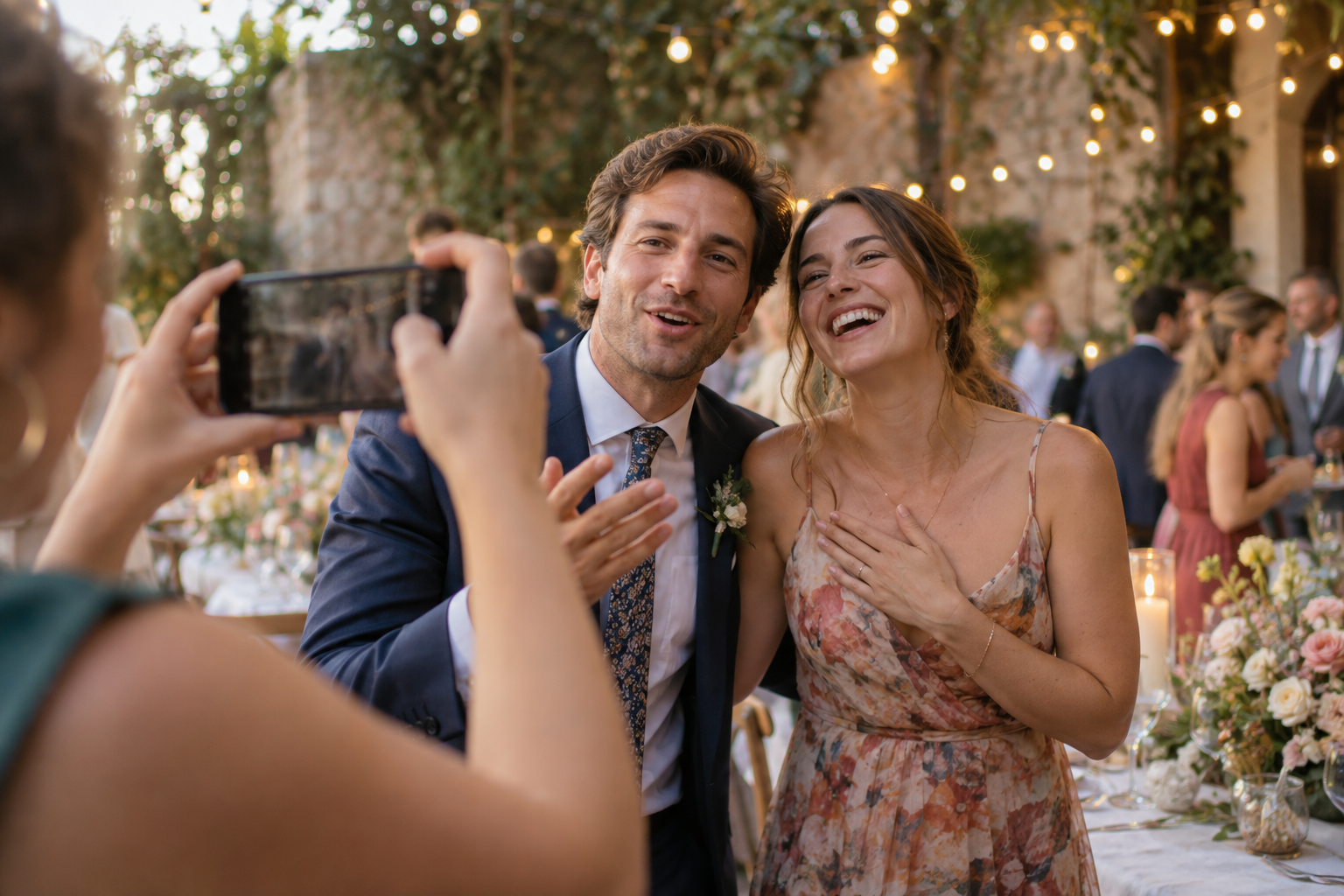 Wedding guests recording a heartfelt video message — AI-generated illustrative photograph