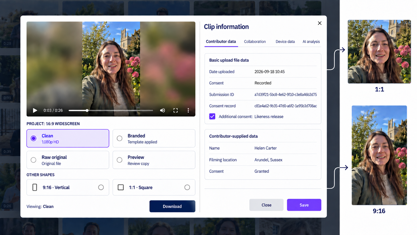 Illustrative Vloggi clip viewer with Clean 1080p HD selected, unbranded echo-pillarboxed footage, Arundel, Sussex location and recorded likeness release