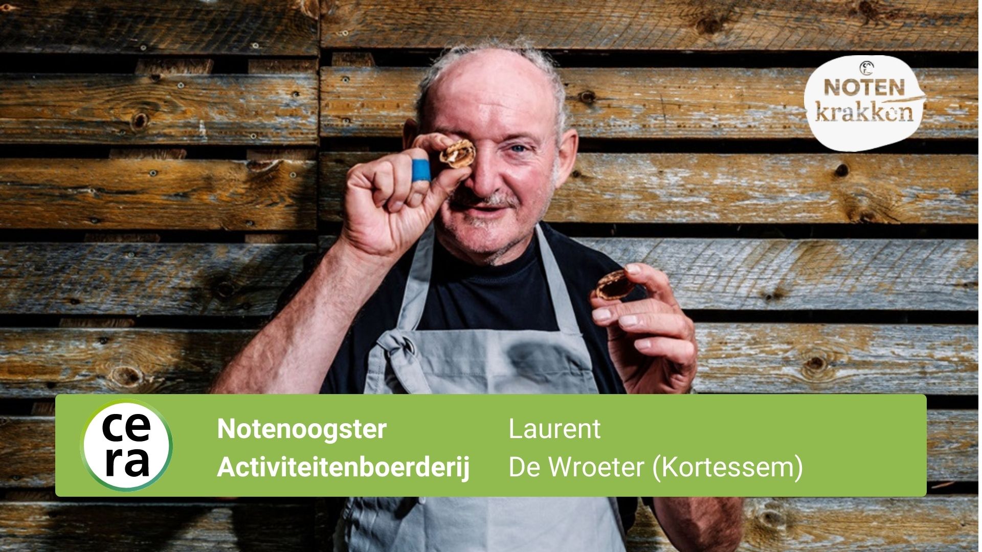 Cera Notenkrakken campaign mockup showing Laurent with walnuts and Dutch contributor captions