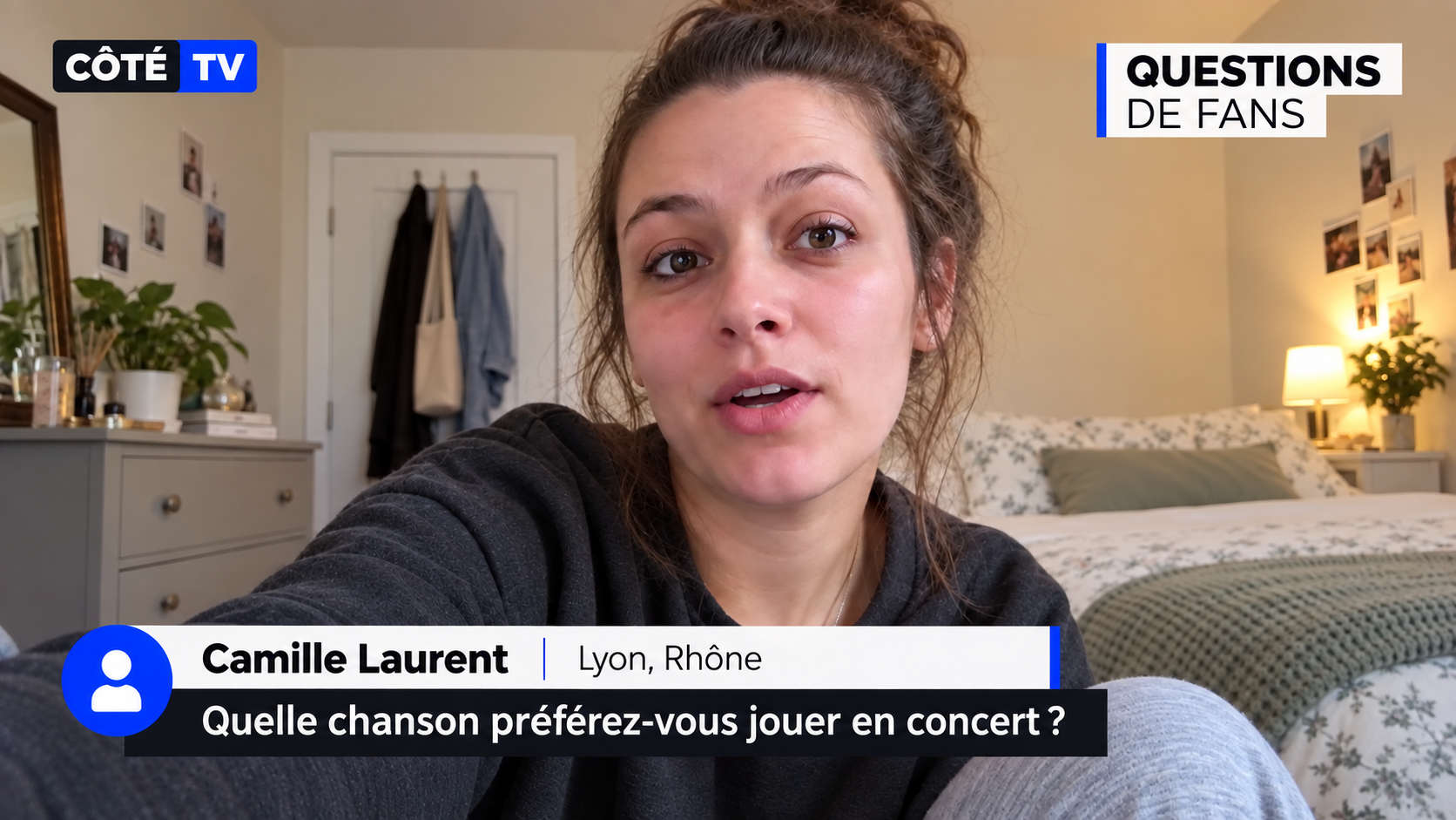 Questions de fans with Camille Laurent in Lyon, Rhône, a French question and CÔTÉ TV branding — illustrative graphic