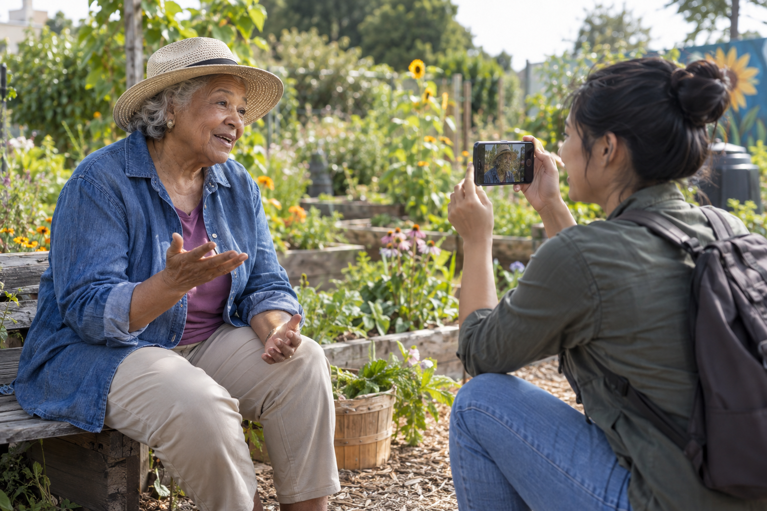 Community volunteer recording a resident’s story — AI-generated illustrative photograph