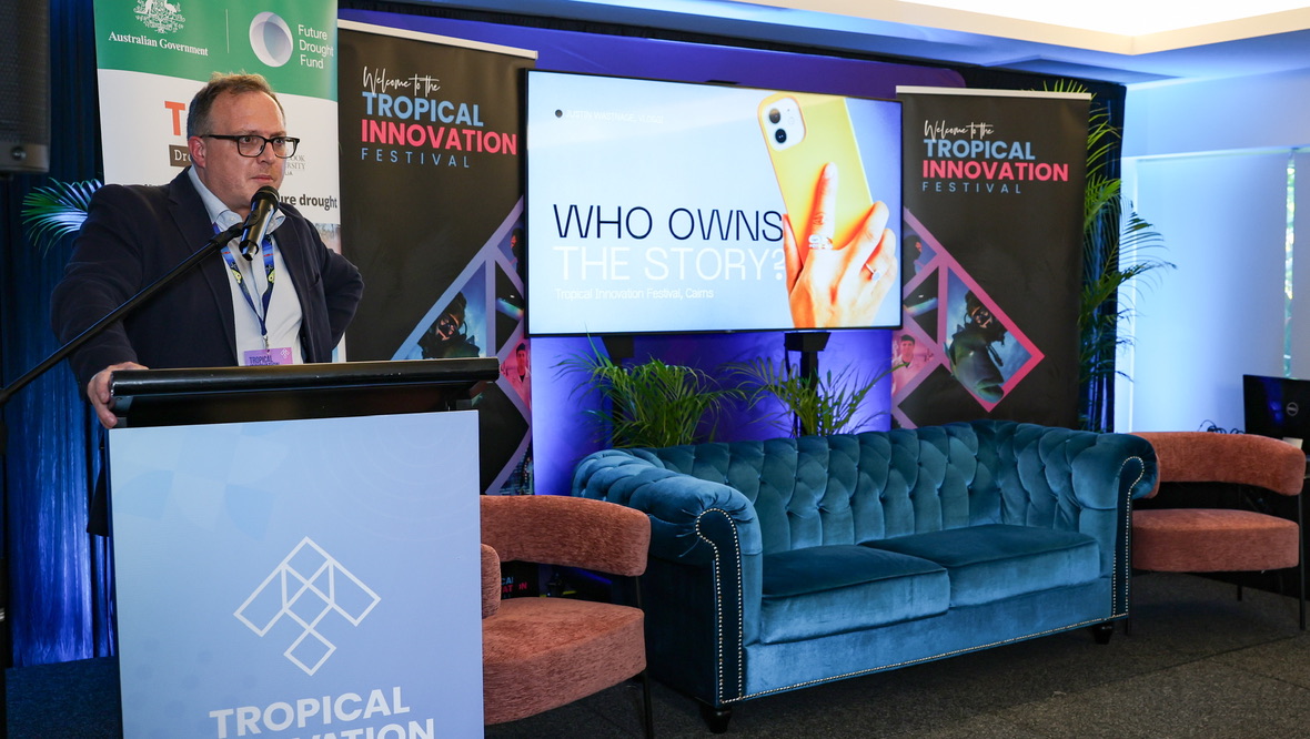 Justin Wastnage delivering Who Owns the Story at the Tropical Innovation Festival in Cairns, June 2025