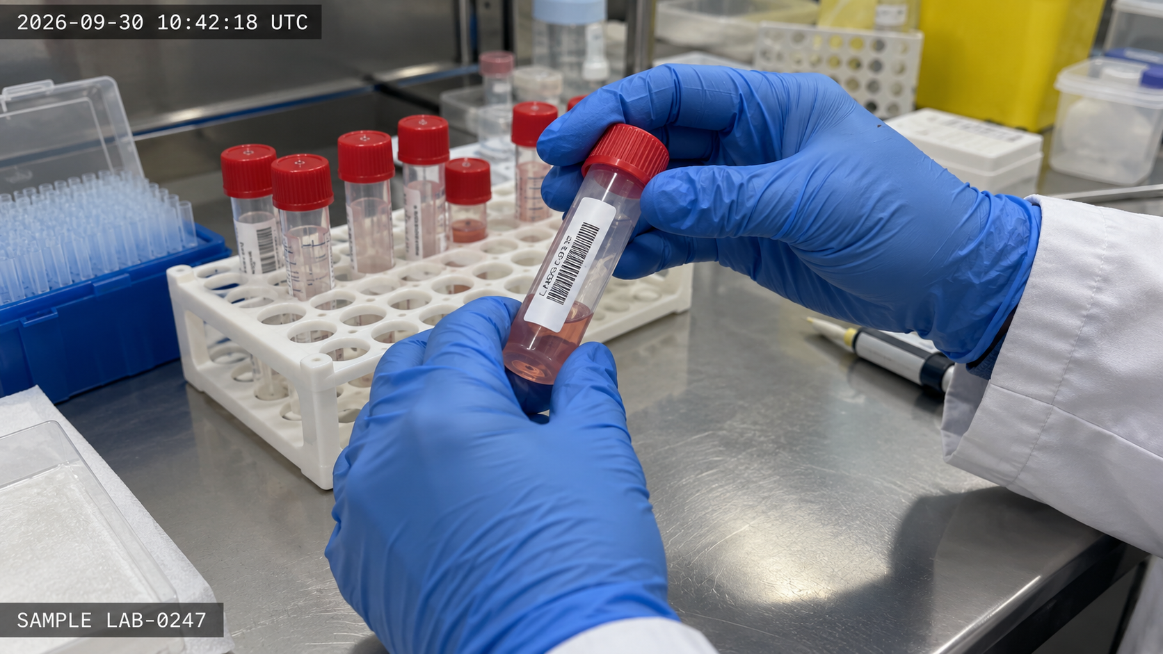 Illustrative laboratory sample-handling video with timestamp