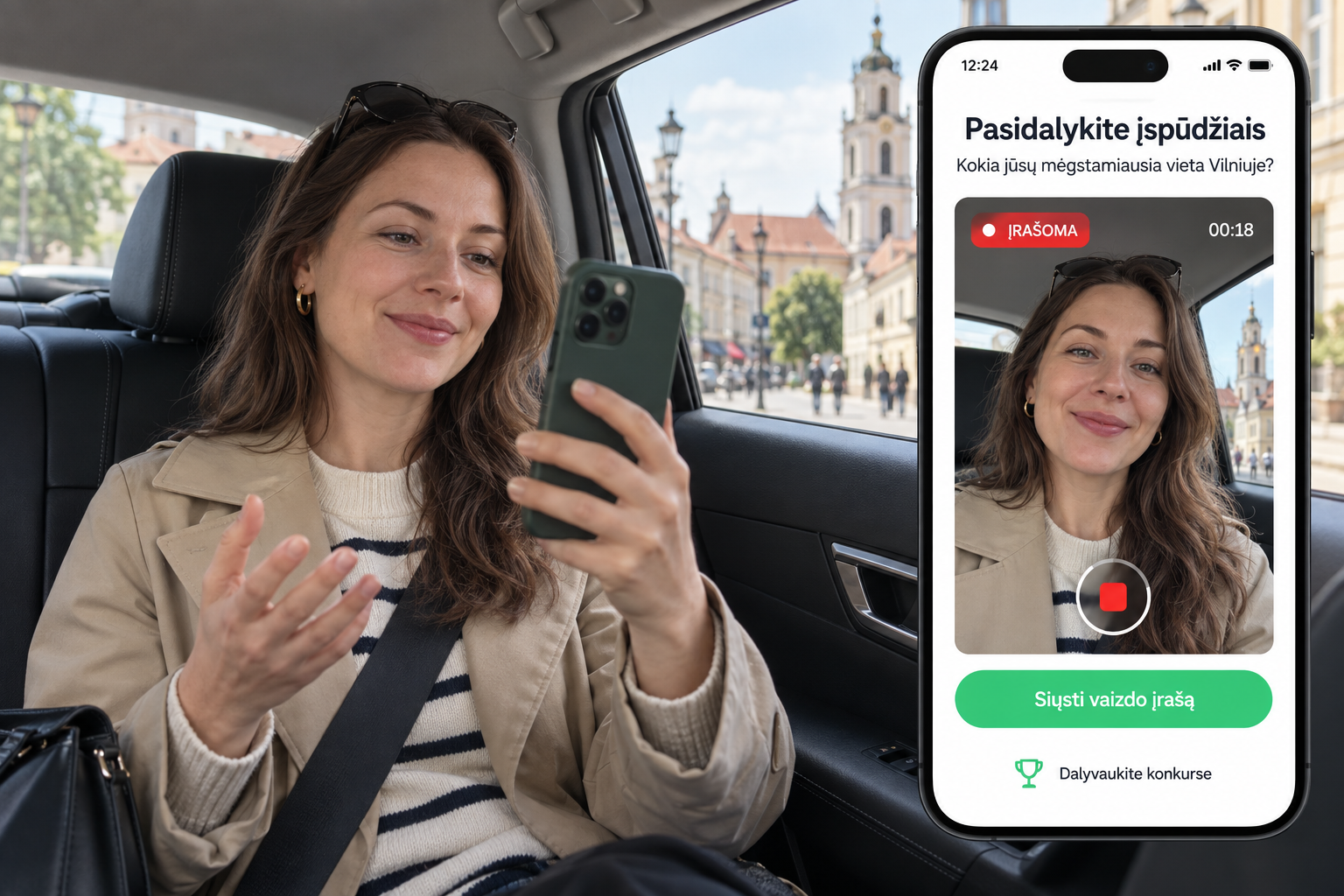 AI-generated illustration of a woman in a Vilnius rideshare car recording Lithuanian-language feedback for a video contest