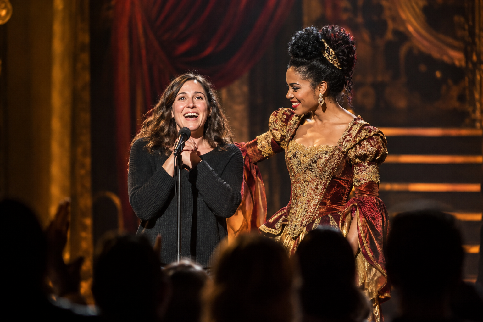 Fan invited onstage beside a theatrical performer — illustrative concept