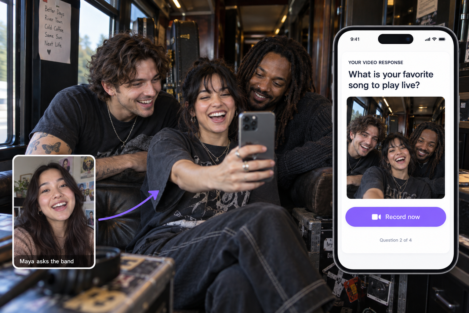Illustrative Vloggi Conversations workflow: musicians answering a fan question on a portrait phone inside their tour bus