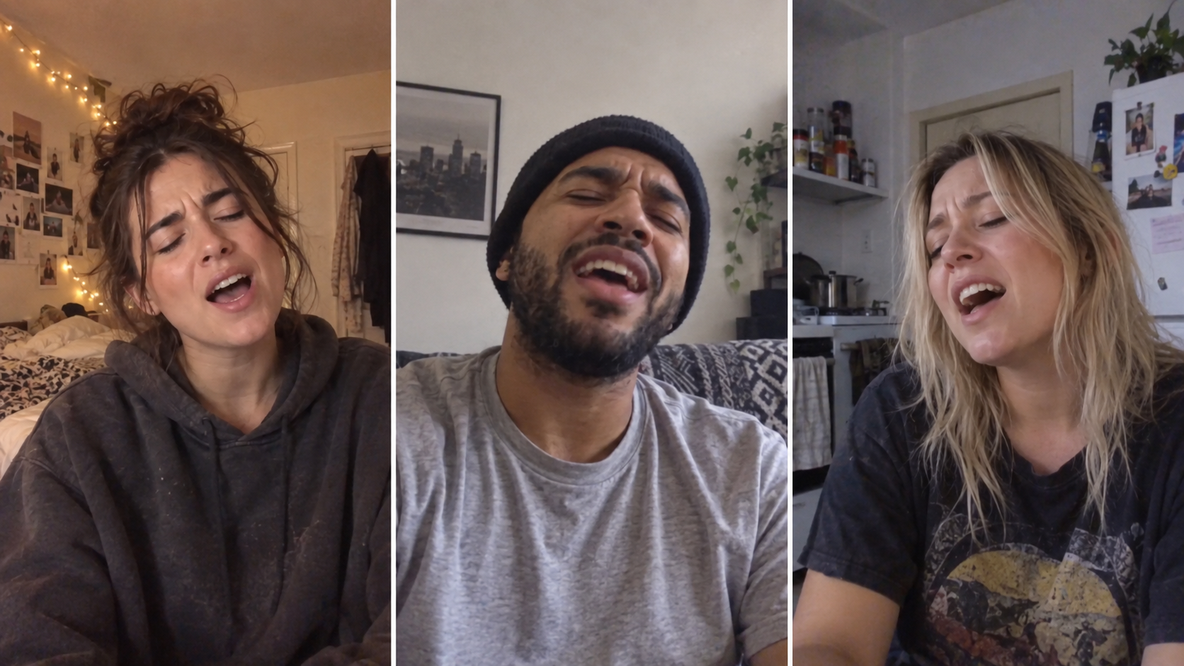 Three fans singing at home in lo-fi phone video frames for a crowdsourced music video — AI-generated illustration