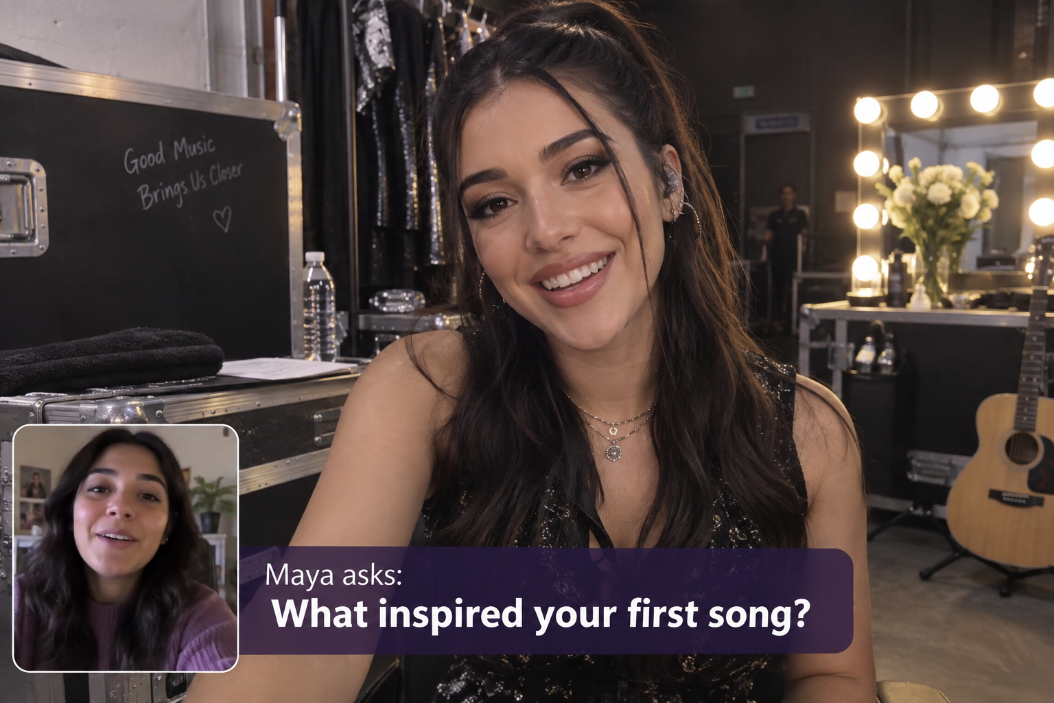 Artist answering a fan video question with the question overlaid — illustrative concept