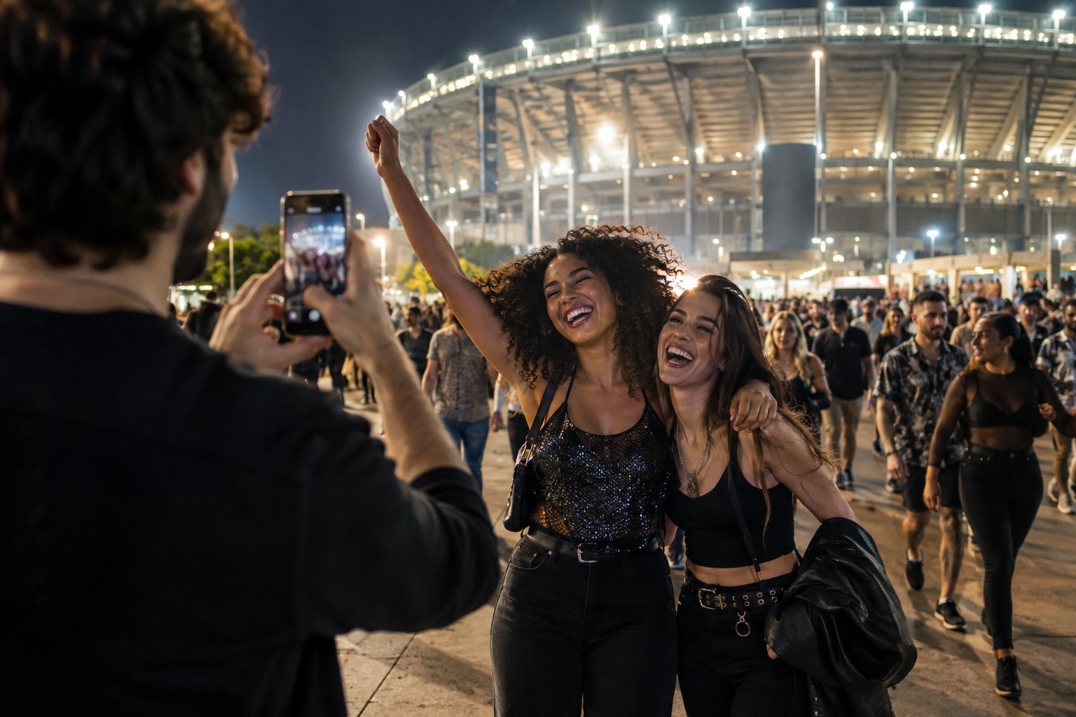 Fans recording concert reactions outside a stadium after the show — illustrative concept