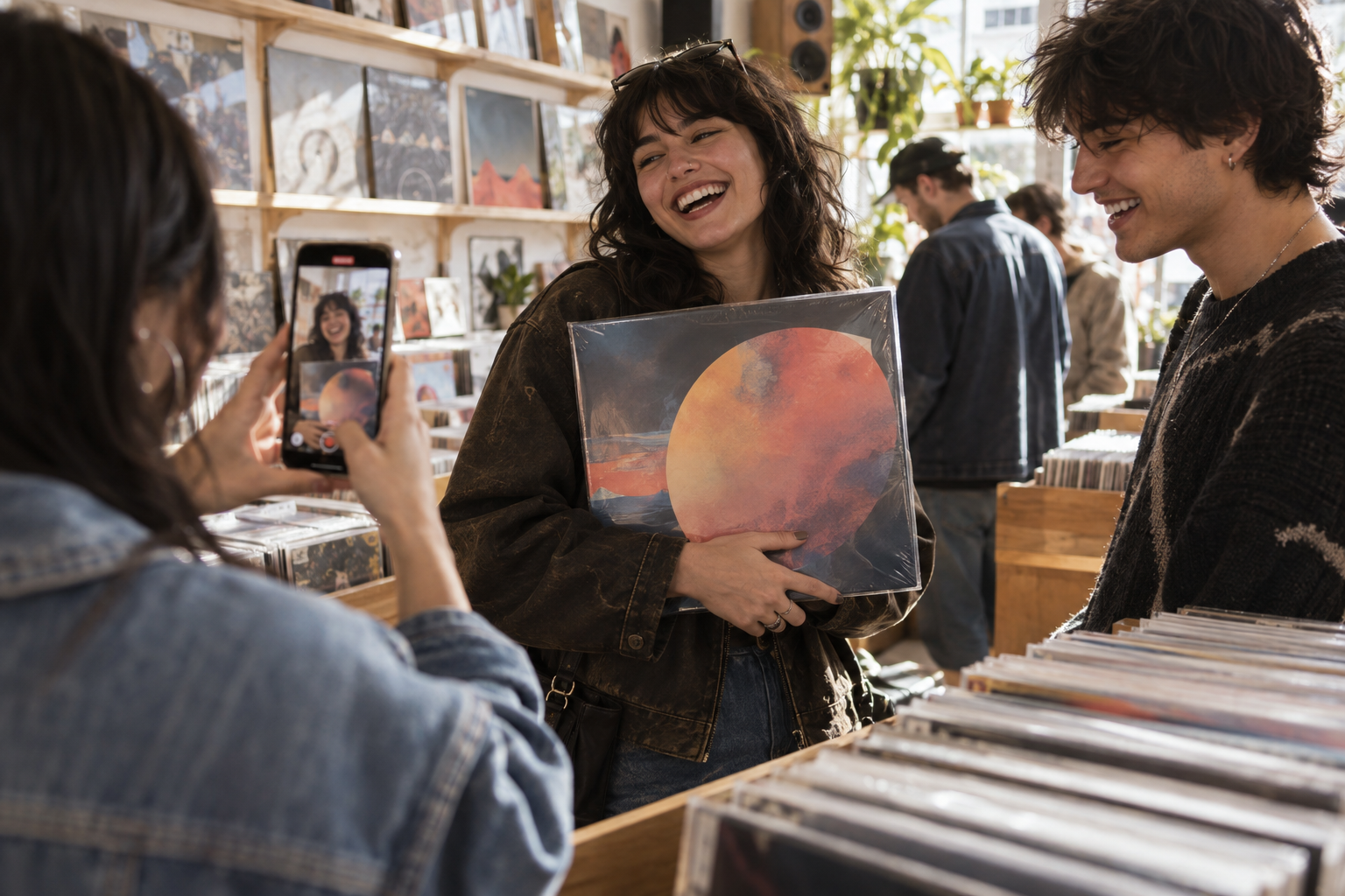 Music fans sharing release-day stories in a record store — illustrative concept