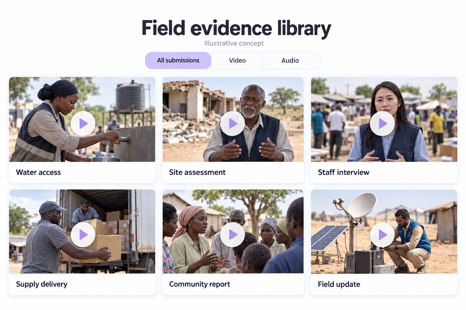 Illustrative proposed field evidence library organizing humanitarian video and audio submissions by topic — AI-generated concept