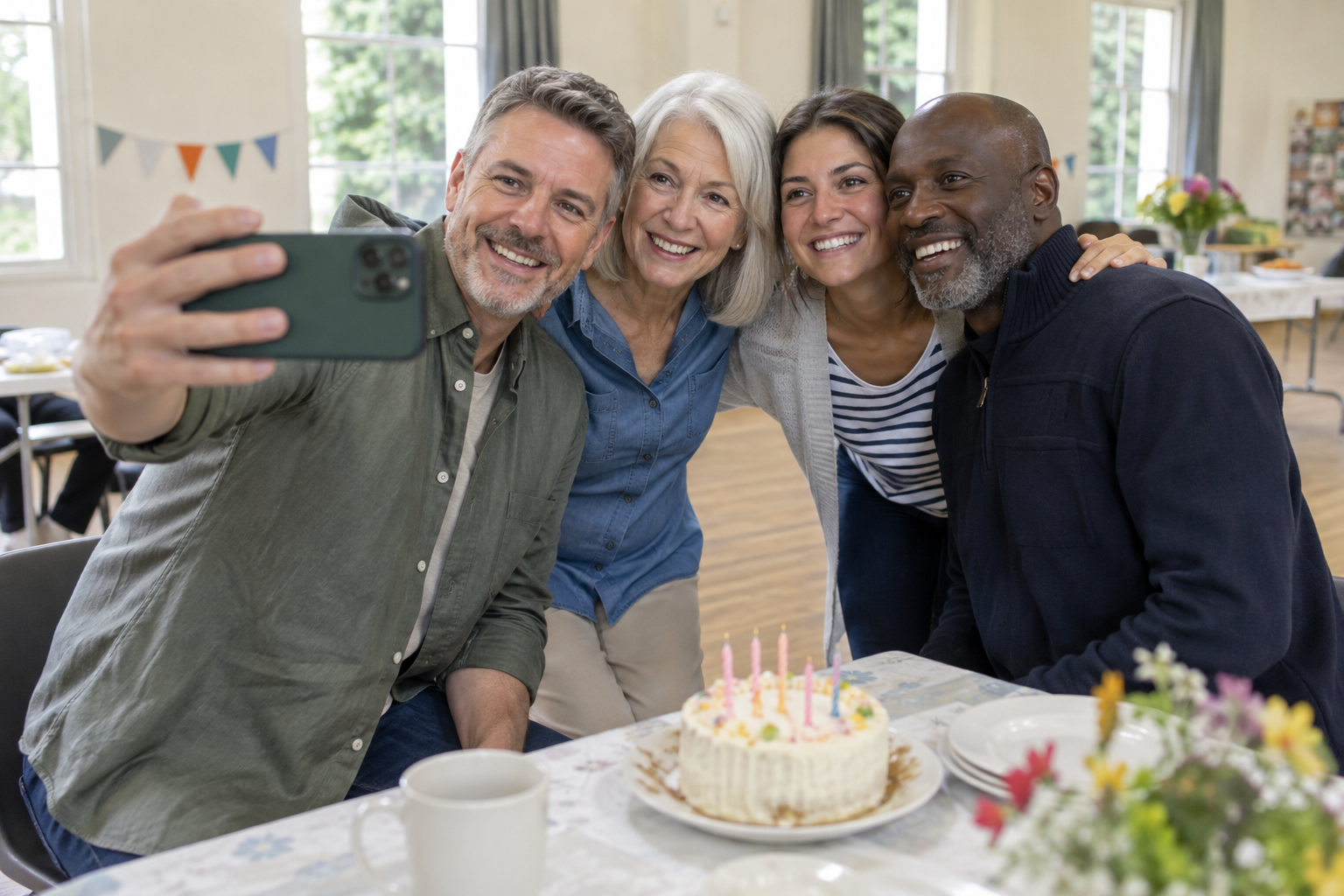 Volunteers recording an anniversary message — AI-generated illustrative photograph