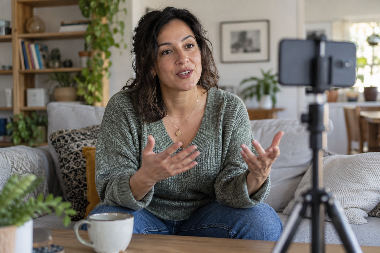 Supporter recording a personal video story — AI-generated illustrative photograph