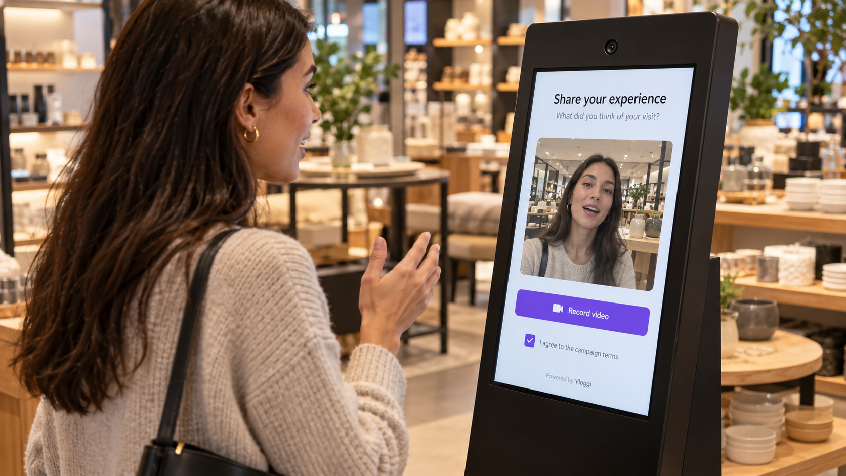 Illustrative retail kiosk showing a shopper recording video feedback through a branded form with camera preview and campaign consent