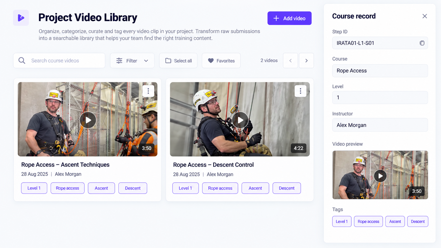 Illustrative course record and tagged training video library