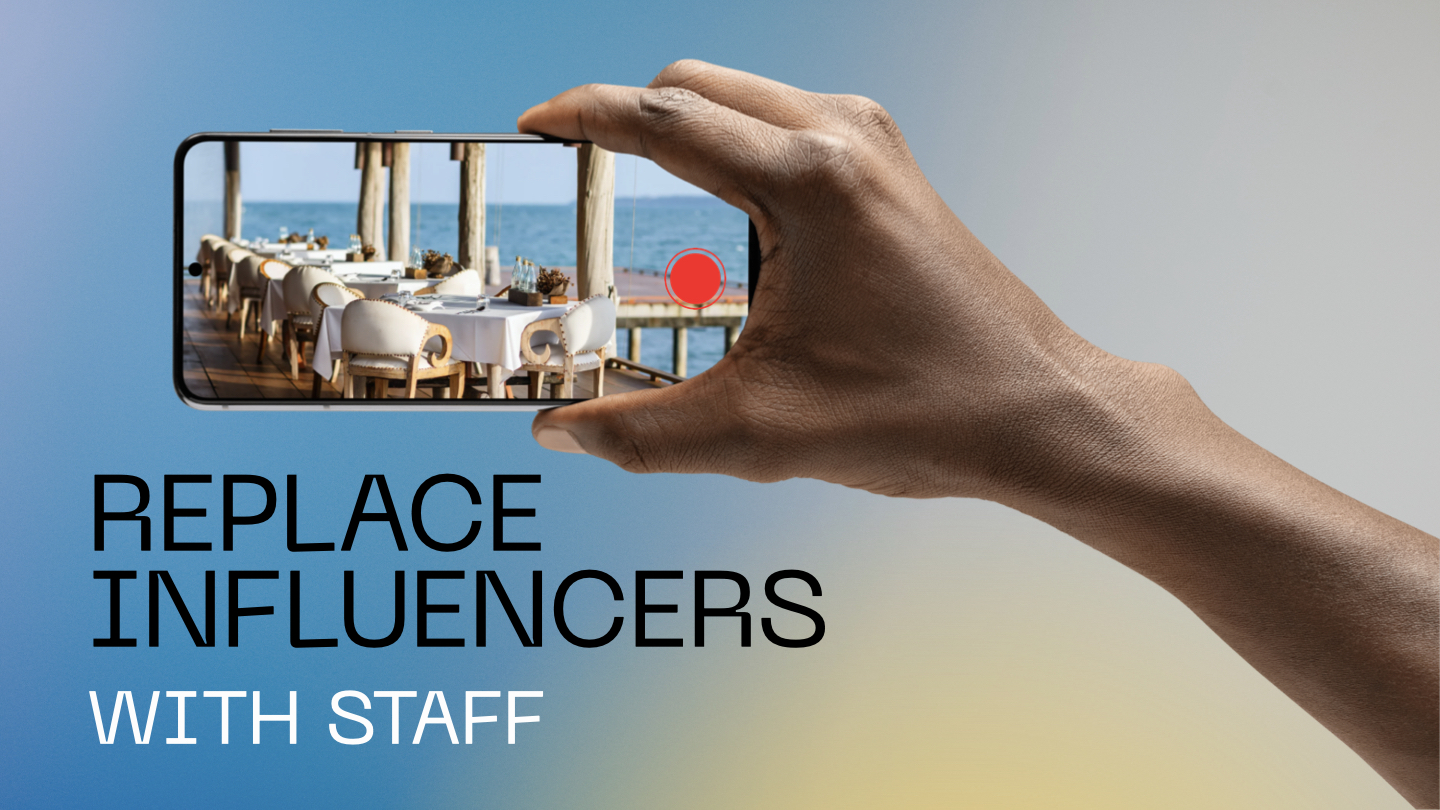 Presentation slide: Replace influencers with staff, illustrated by a phone filming a seaside restaurant.
