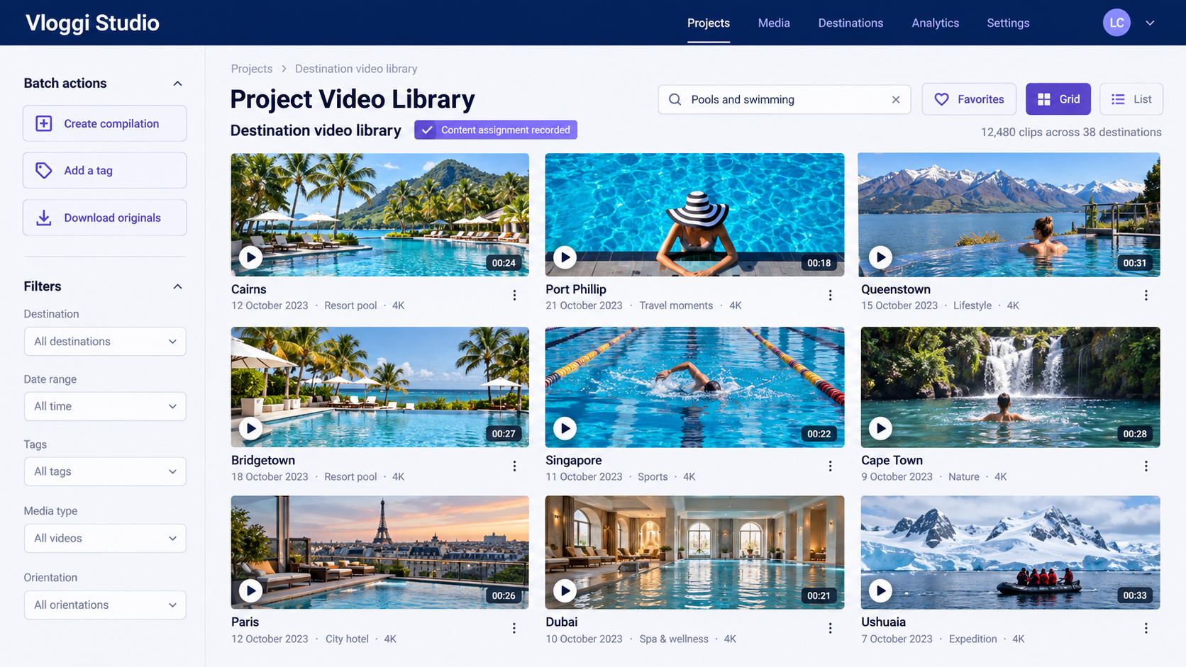 Illustrative Vloggi Studio travel video library with sample destination clips and rights records