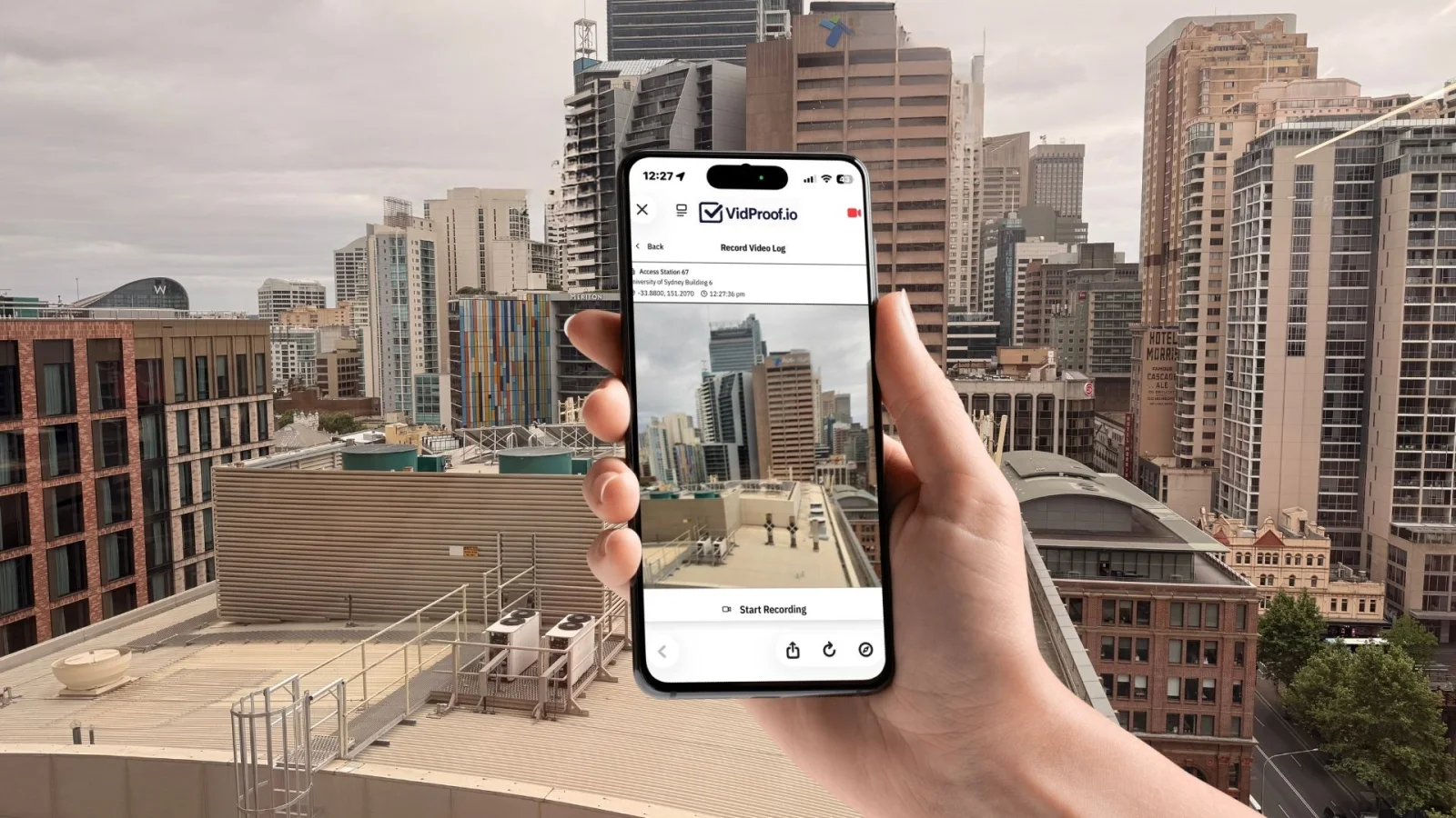 Working VidProof mobile prototype recording a location-based video log in Sydney