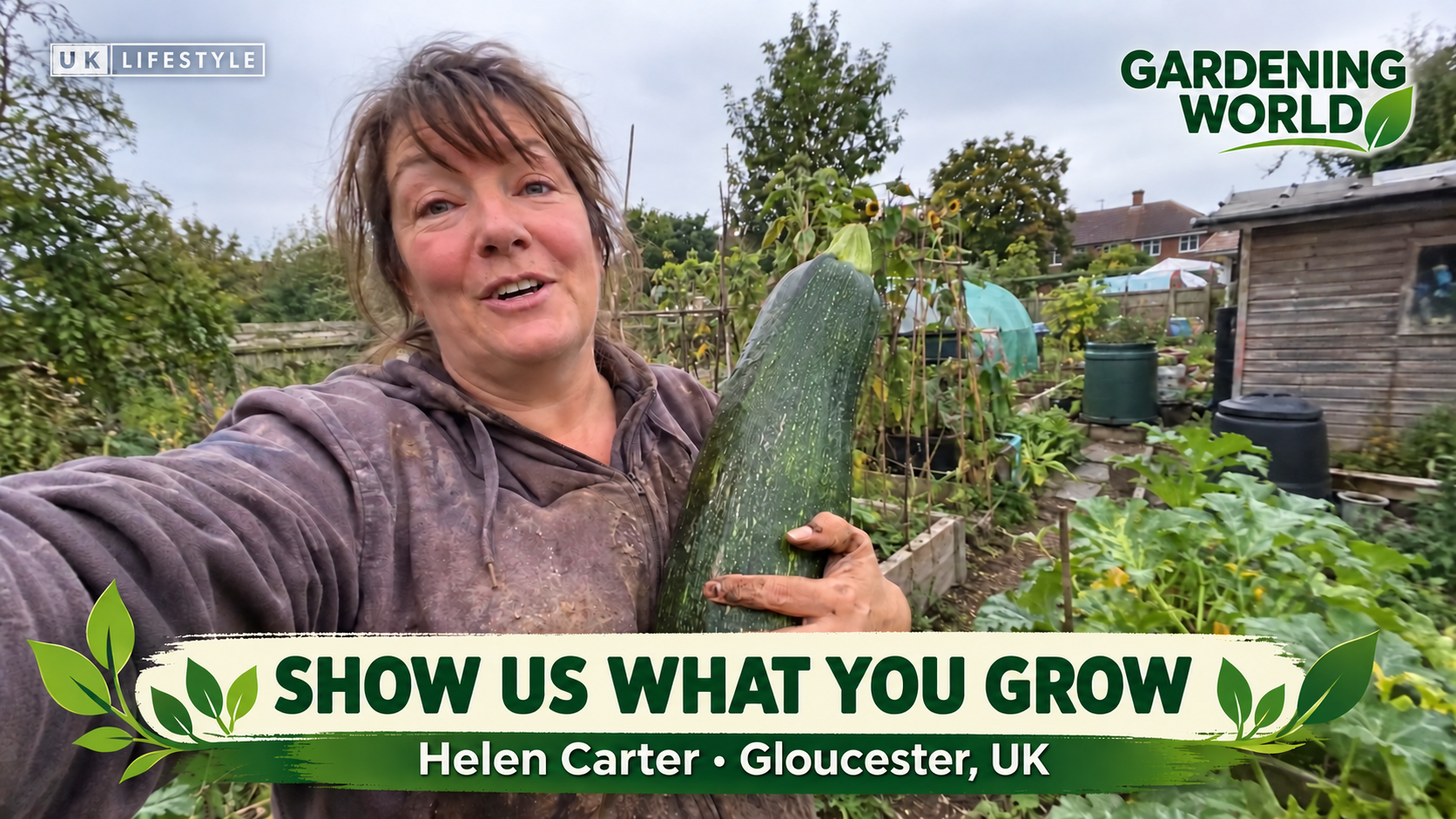 Illustrative Gardening World viewer segment: Helen Carter in Gloucester with Show Us What You Grow lower third and UK Lifestyle channel watermark