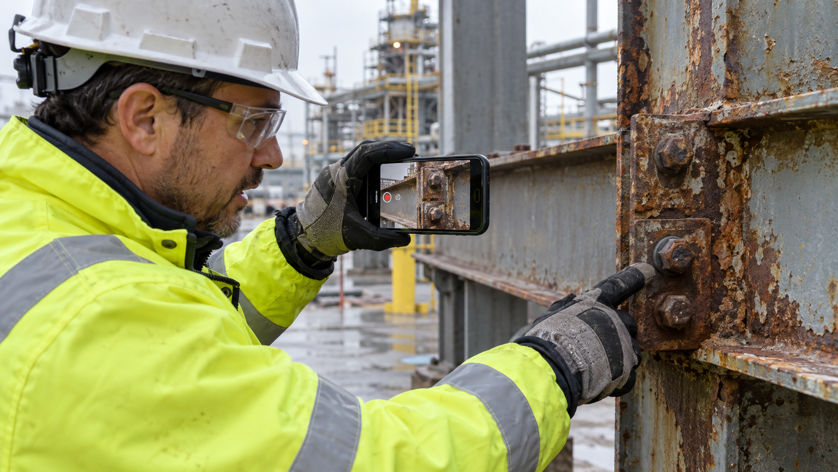 Illustrative worker filming a worksite inspection