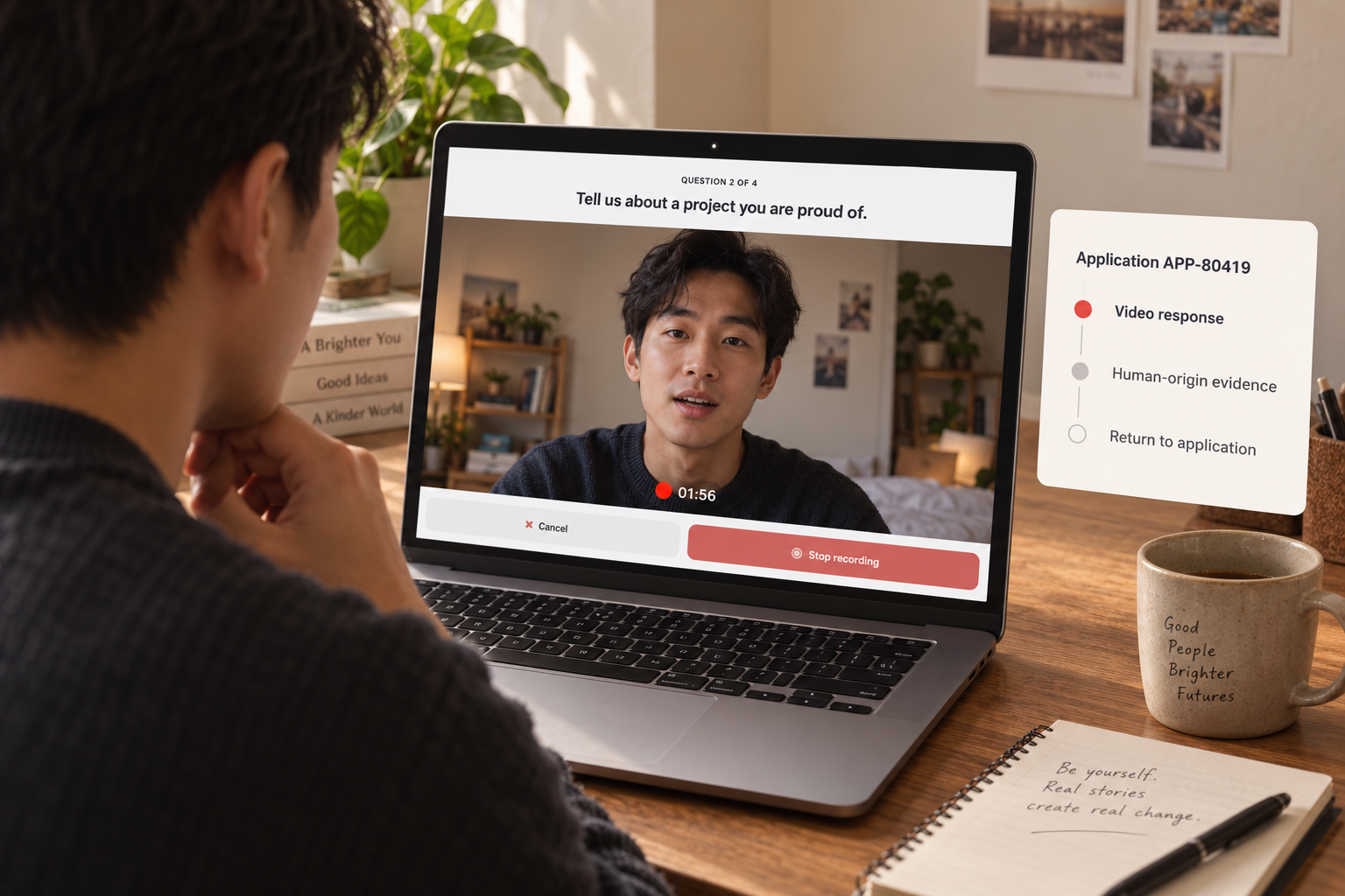 Applicant recording a fresh answer to an on-screen question, with application reference APP-80419 connected to the video and human-origin evidence