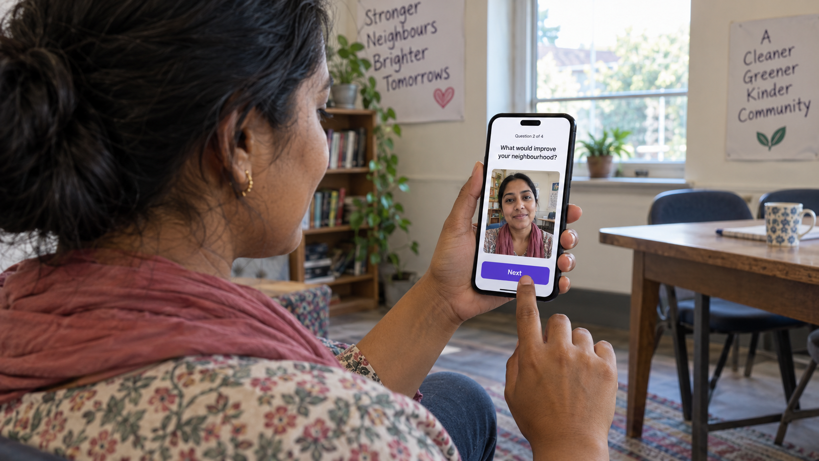 Community member answering a video consultation question on her phone and tapping Next — AI-generated illustration