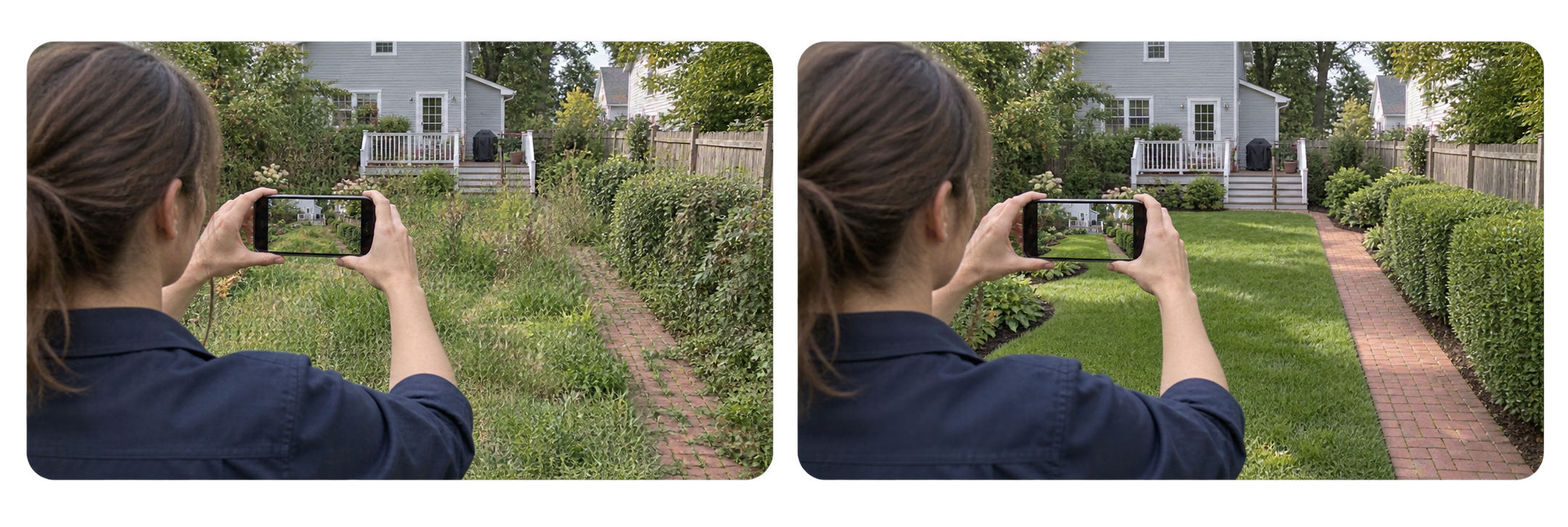 A gardener records the same garden before work and after completion, using a phone to document the change.
