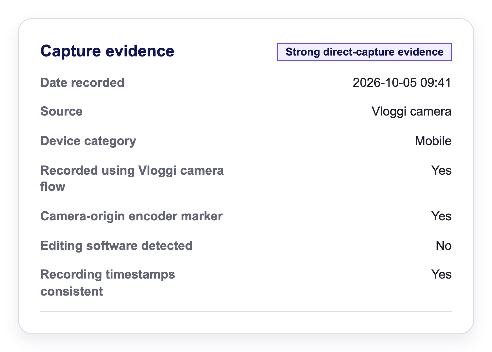 Vloggi capture evidence: Strong direct-capture evidence; recorded 5 October 2026 at 09:41 using the Vloggi camera flow on a mobile device; consistent timestamps.