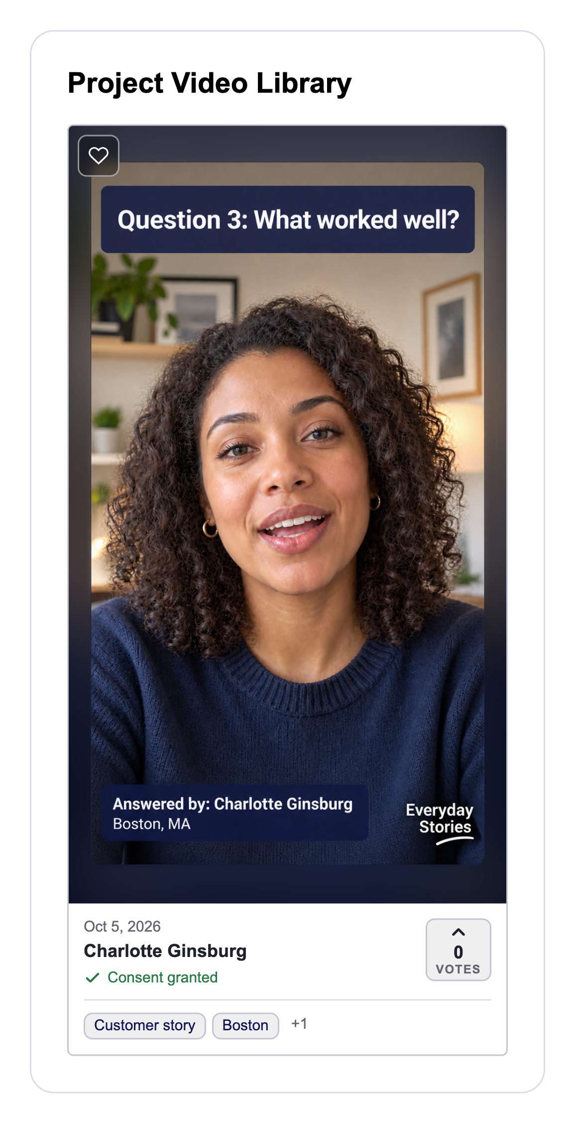 The same Charlotte Ginsburg clip in the Vloggi project library, with consent granted and contributor and review tags.