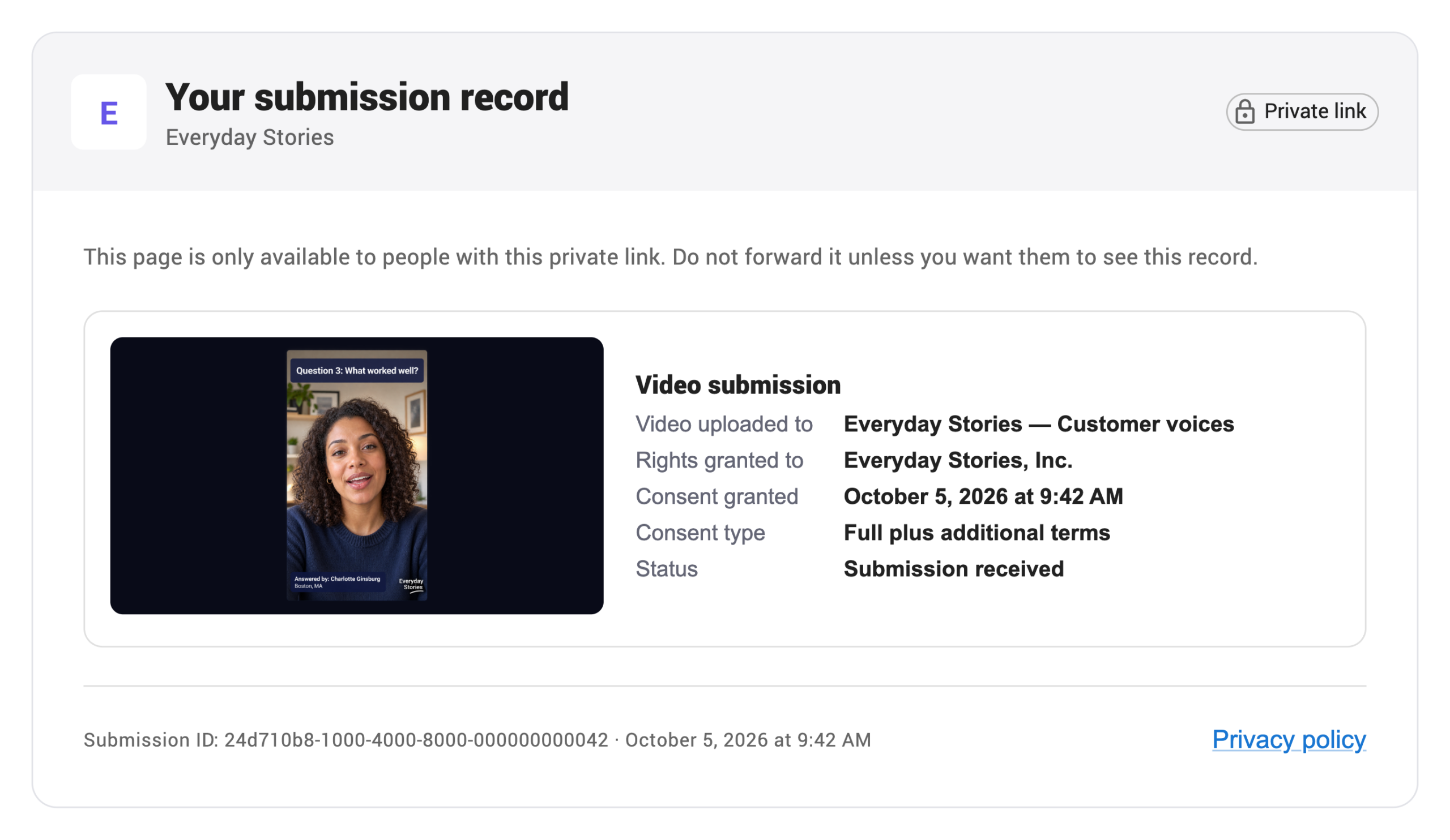 Charlotte’s video in its private submission record, with consent granted at 09:42, rights assigned to Everyday Stories, Inc. and a unique submission reference.