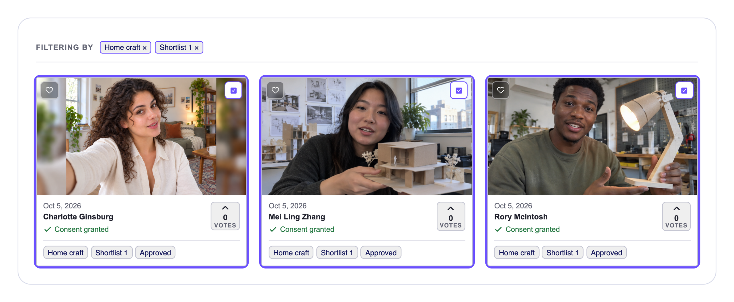 Three selected clips, with full contributor names and shared shortlist tags