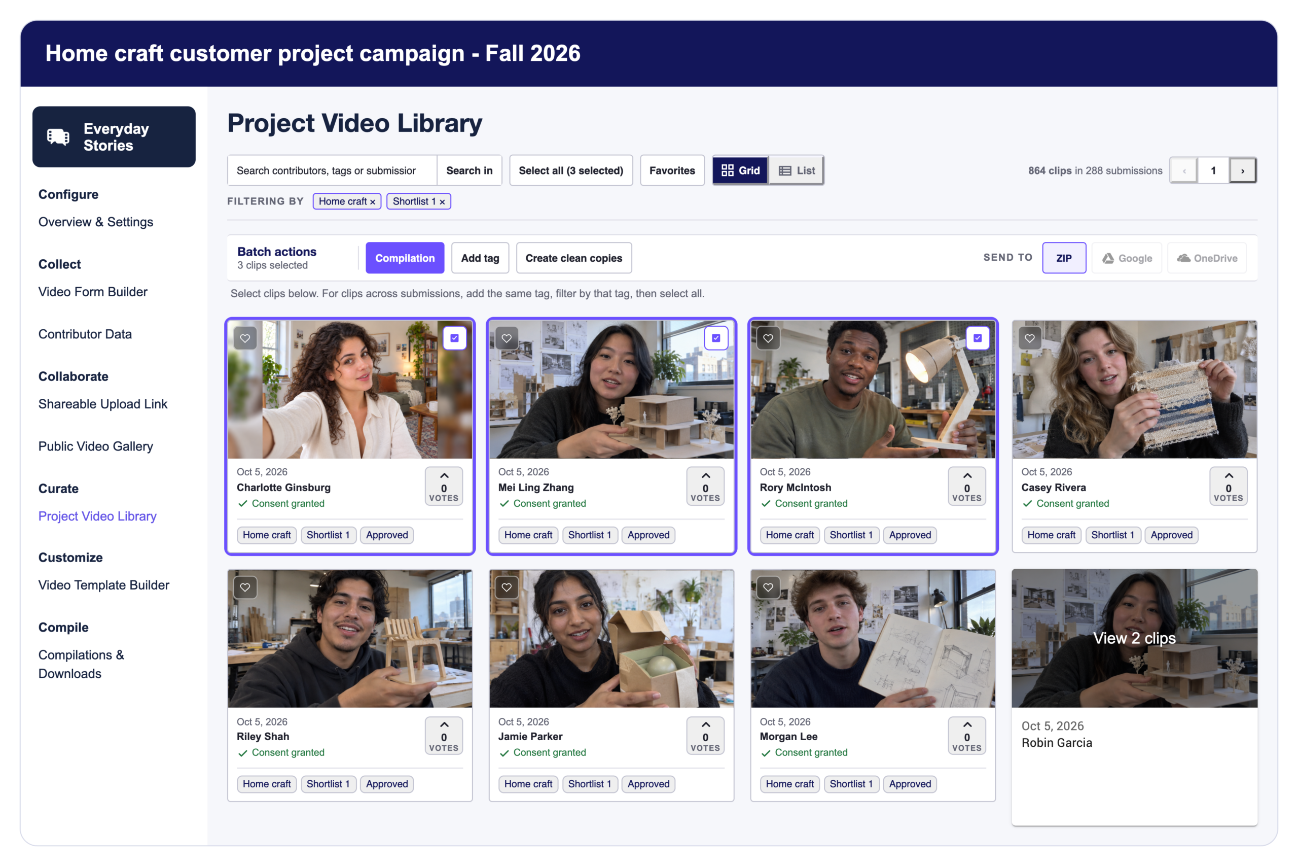 Tagged clips selected in Vloggi’s real Project Video Library