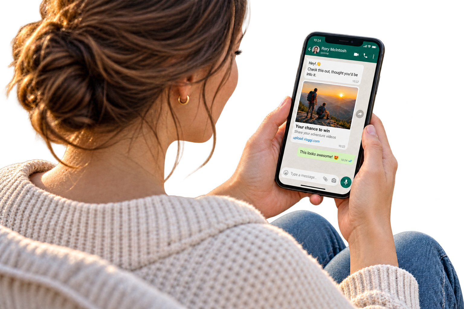 A video-contest link shared in WhatsApp with the hero image and Your chance to win invitation
