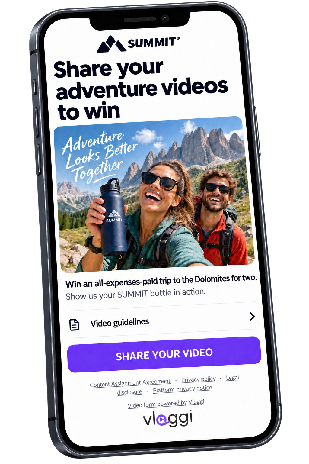 Branded adventure-video contest invitation on a contributor phone