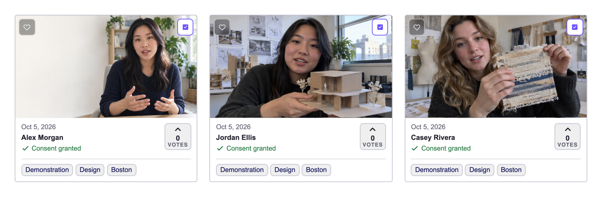 Three video clips selected together in the project library.