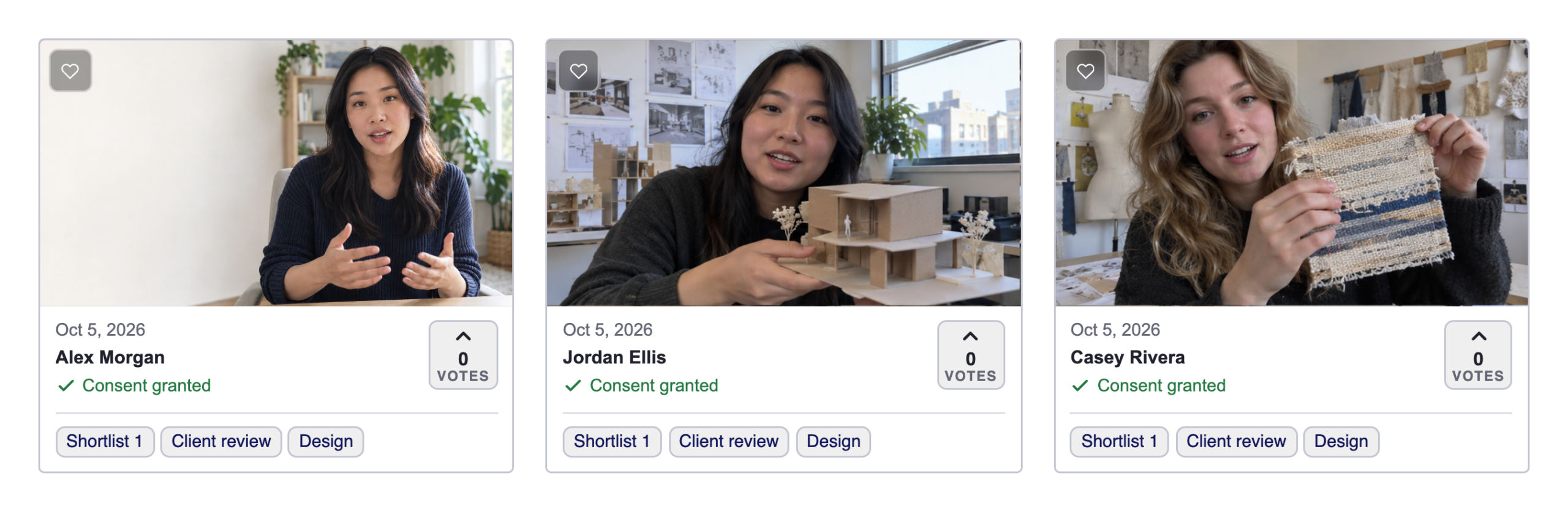 Three videos carrying the owner-added Shortlist 1 and Client review labels.