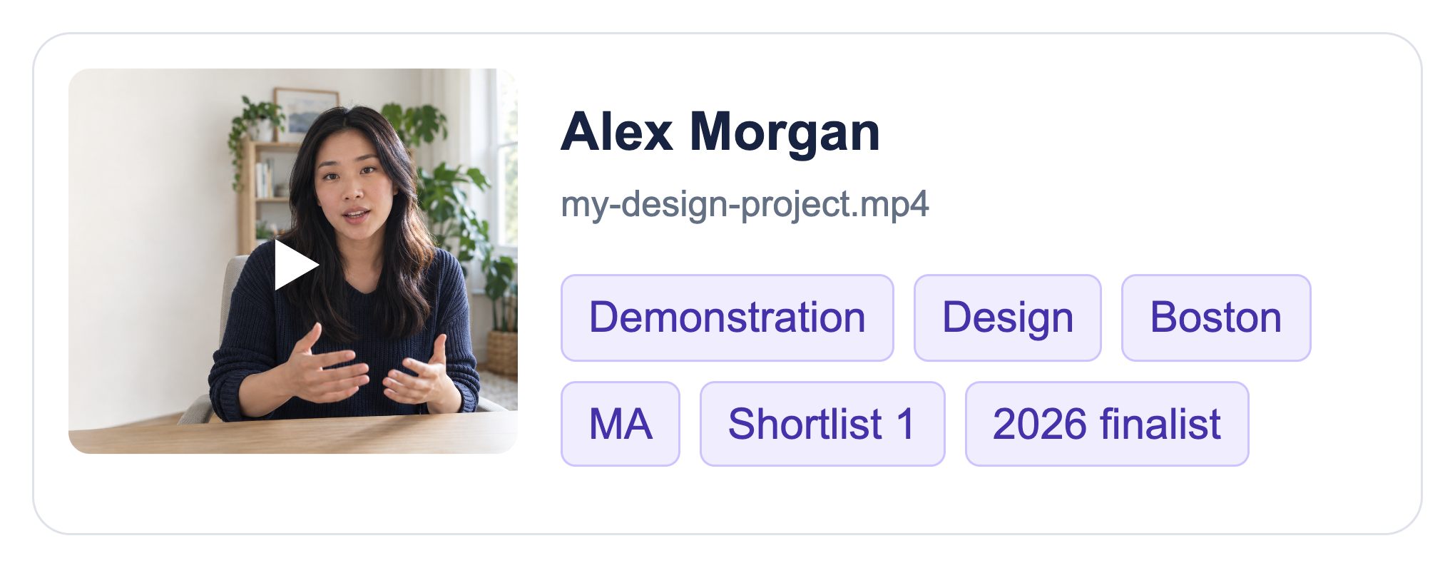 Alex Morgan’s video with Demonstration, Design, Boston, MA, Shortlist 1 and 2026 finalist tags.