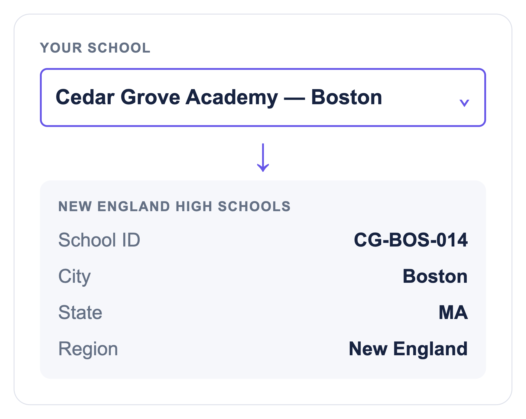 One Cedar Grove Academy school selection links to its school ID, Boston, MA and New England dataset values.