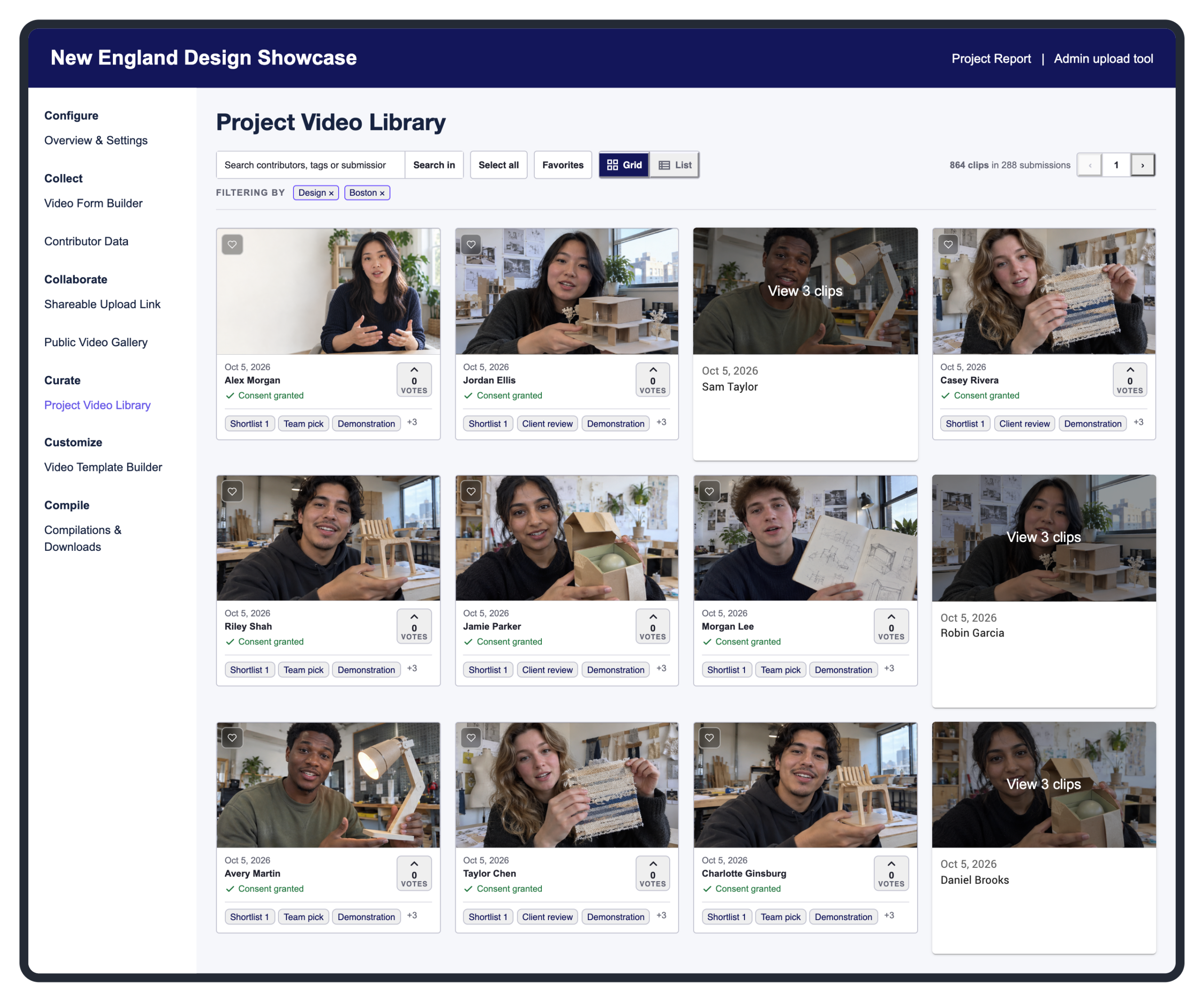 Grid view with grouped submissions, full names and project-owner tags including Shortlist 1, Client review and Team pick.